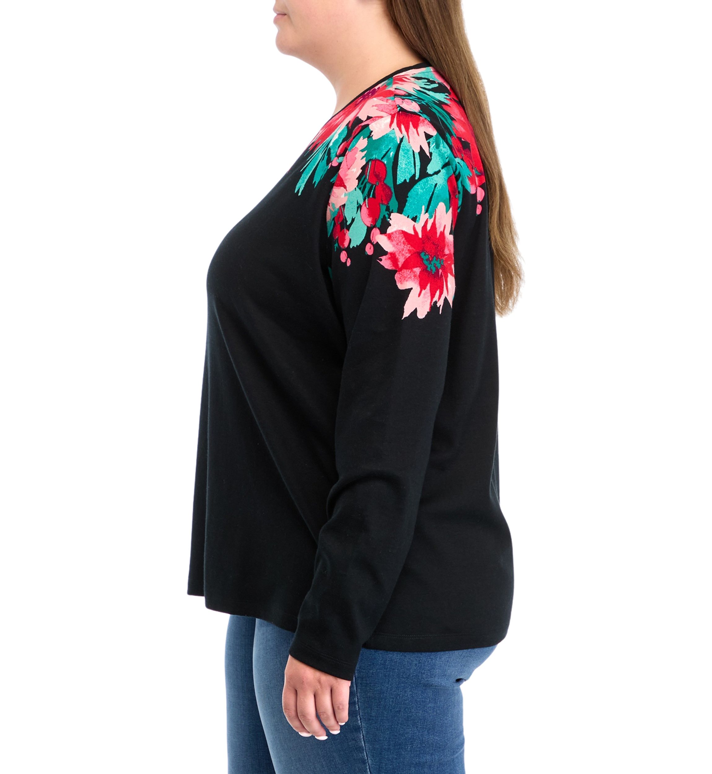 Plus Size Long Sleeve Placement Print Top 
