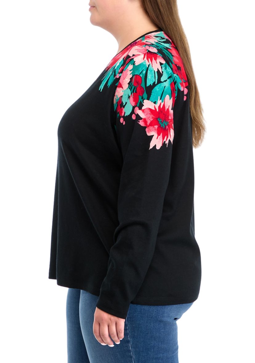 Plus Size Long Sleeve Placement Print Top 