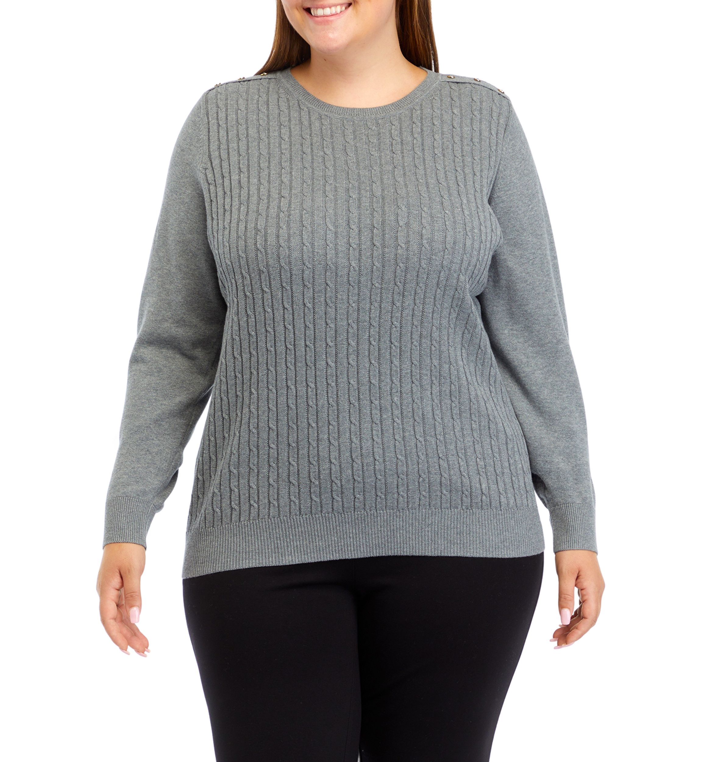 Plus Size Long Sleeve Cable Knit Button Trim Sweater 