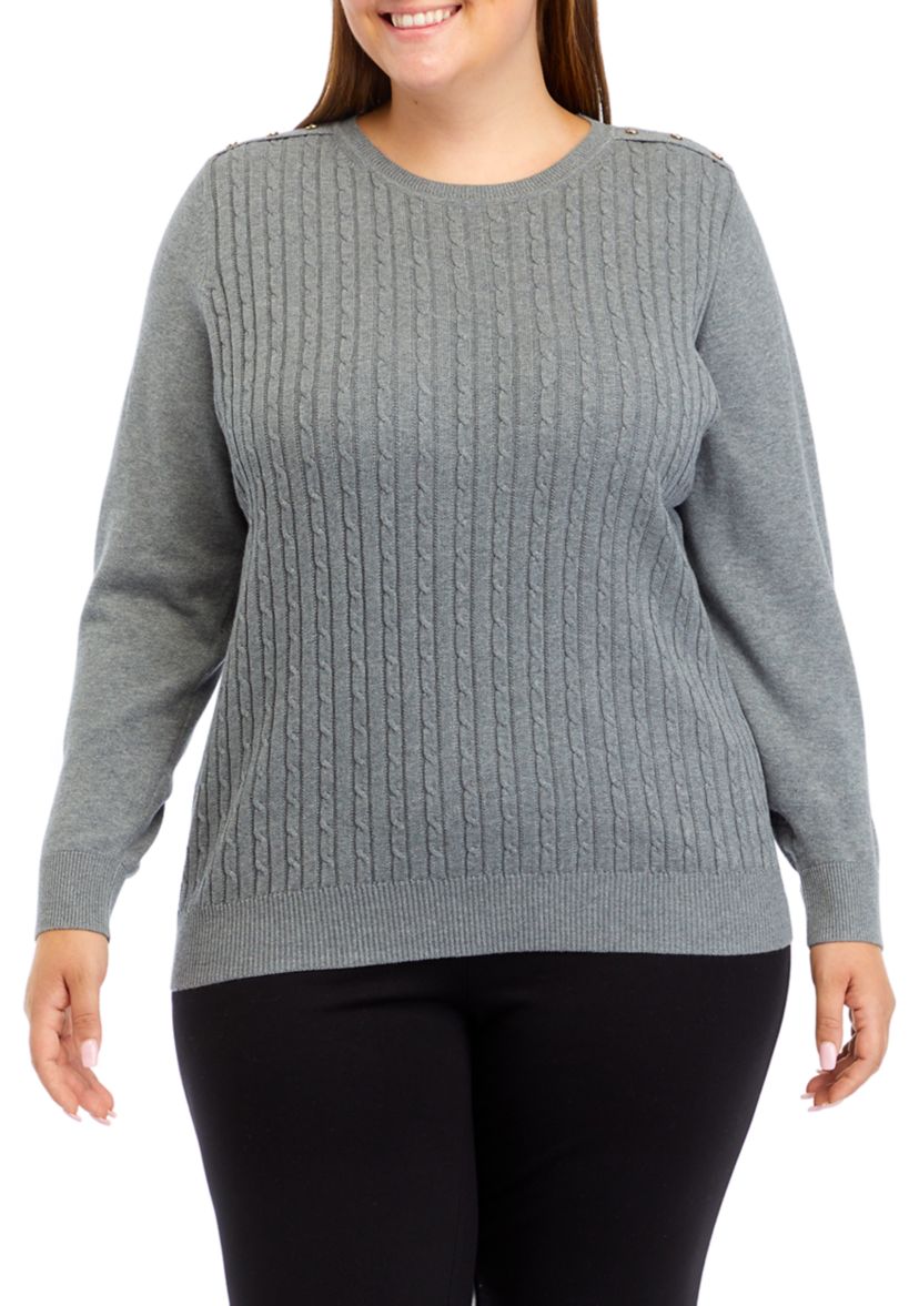 Plus Size Long Sleeve Cable Knit Button Trim Sweater 