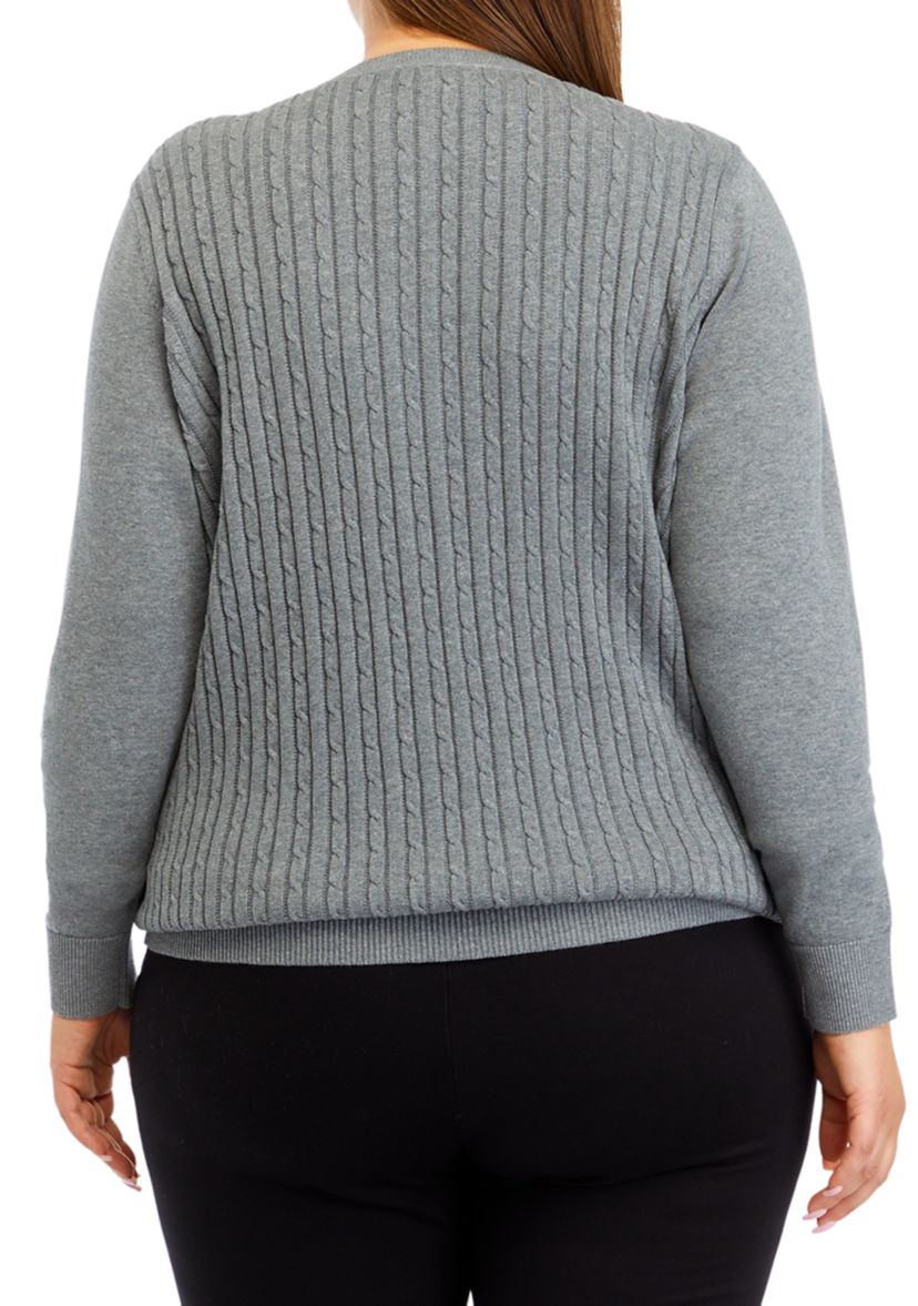Plus Size Long Sleeve Cable Knit Button Trim Sweater 