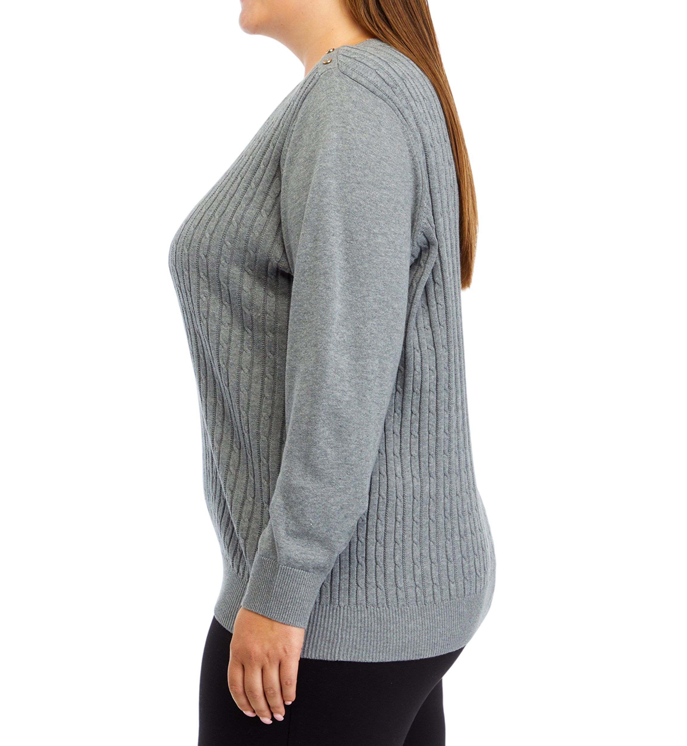 Plus Size Long Sleeve Cable Knit Button Trim Sweater 