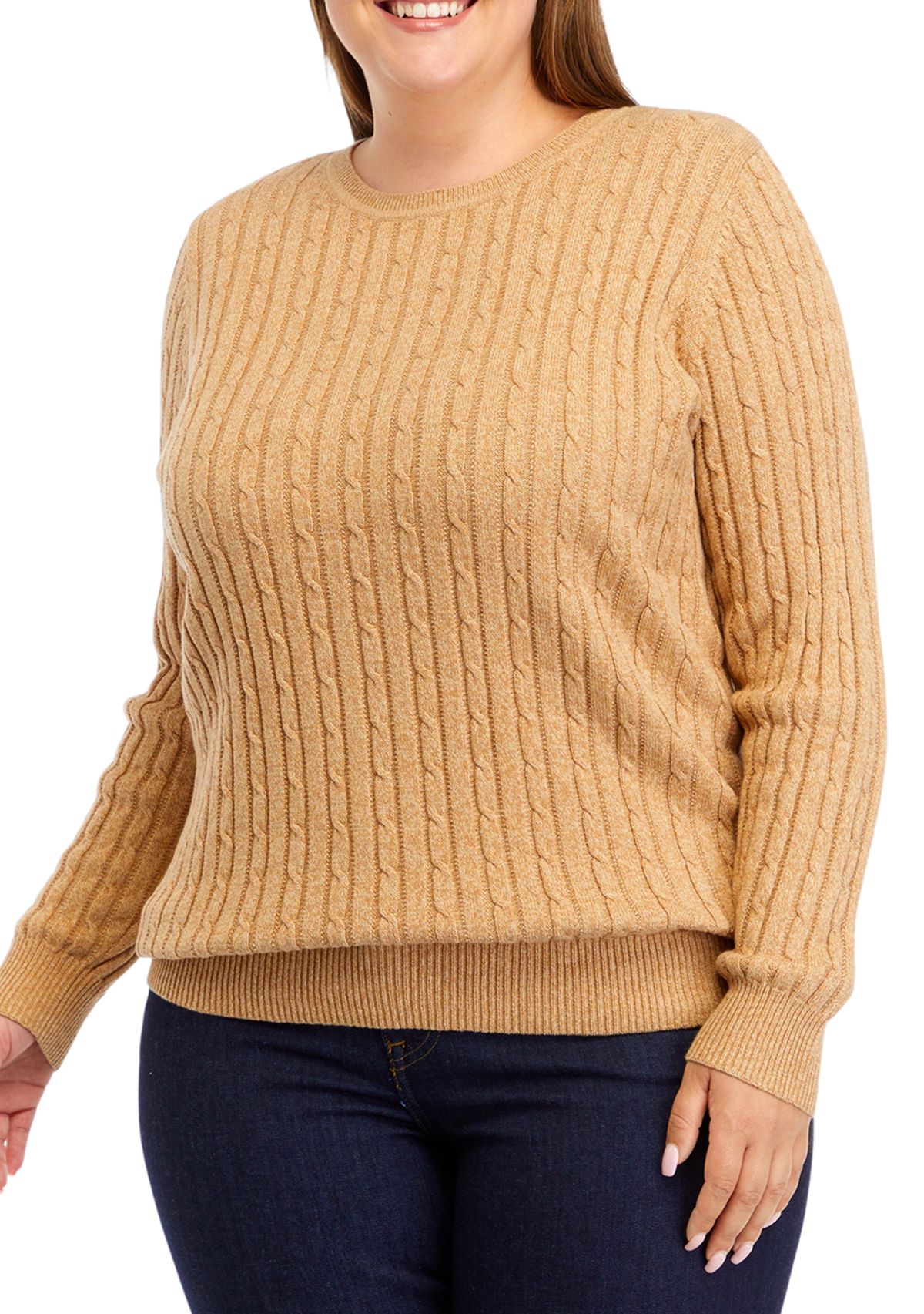 Plus Size Long Sleeve Cable Crew Sweater 