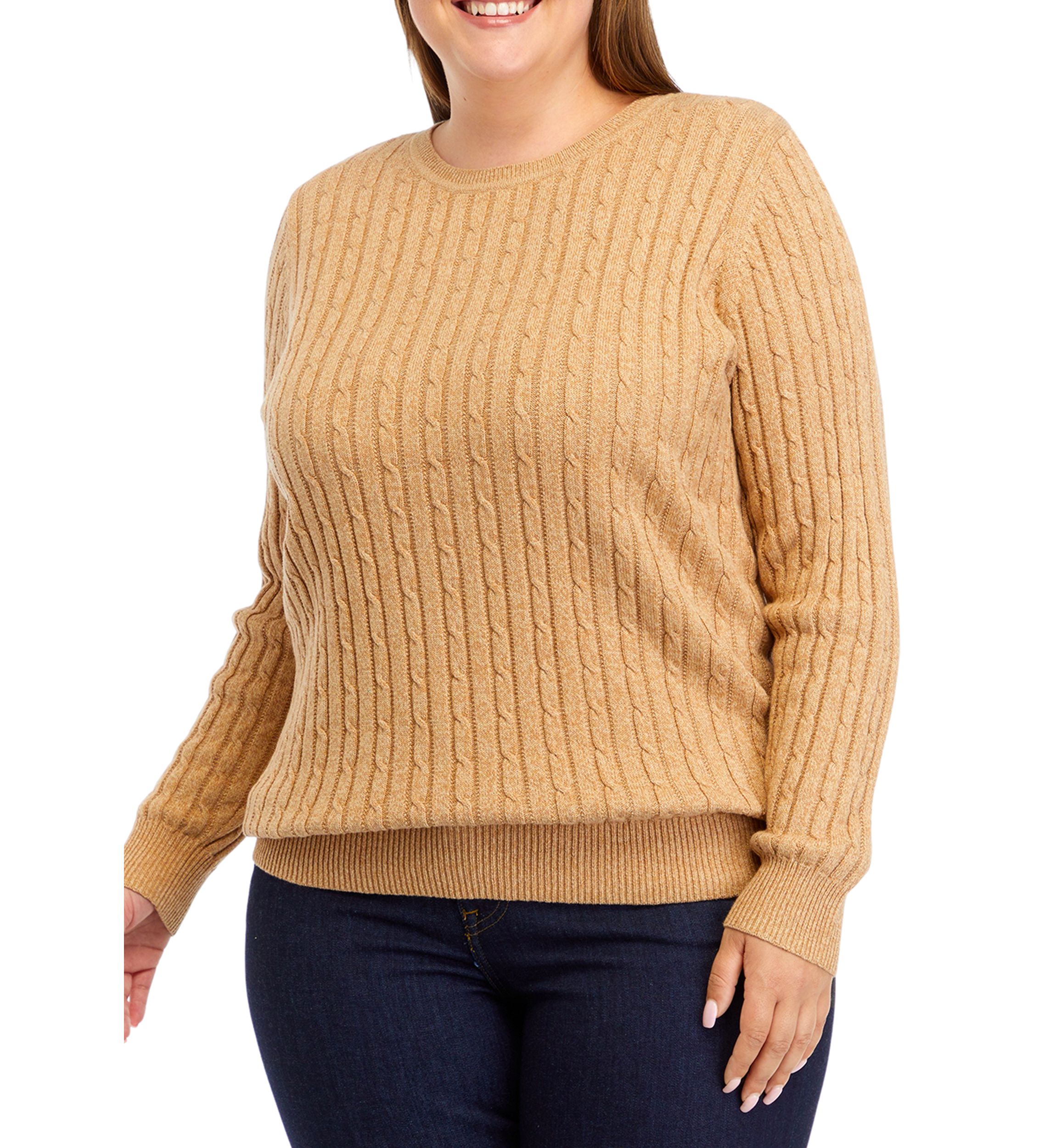 Plus Size Long Sleeve Cable Crew Sweater 