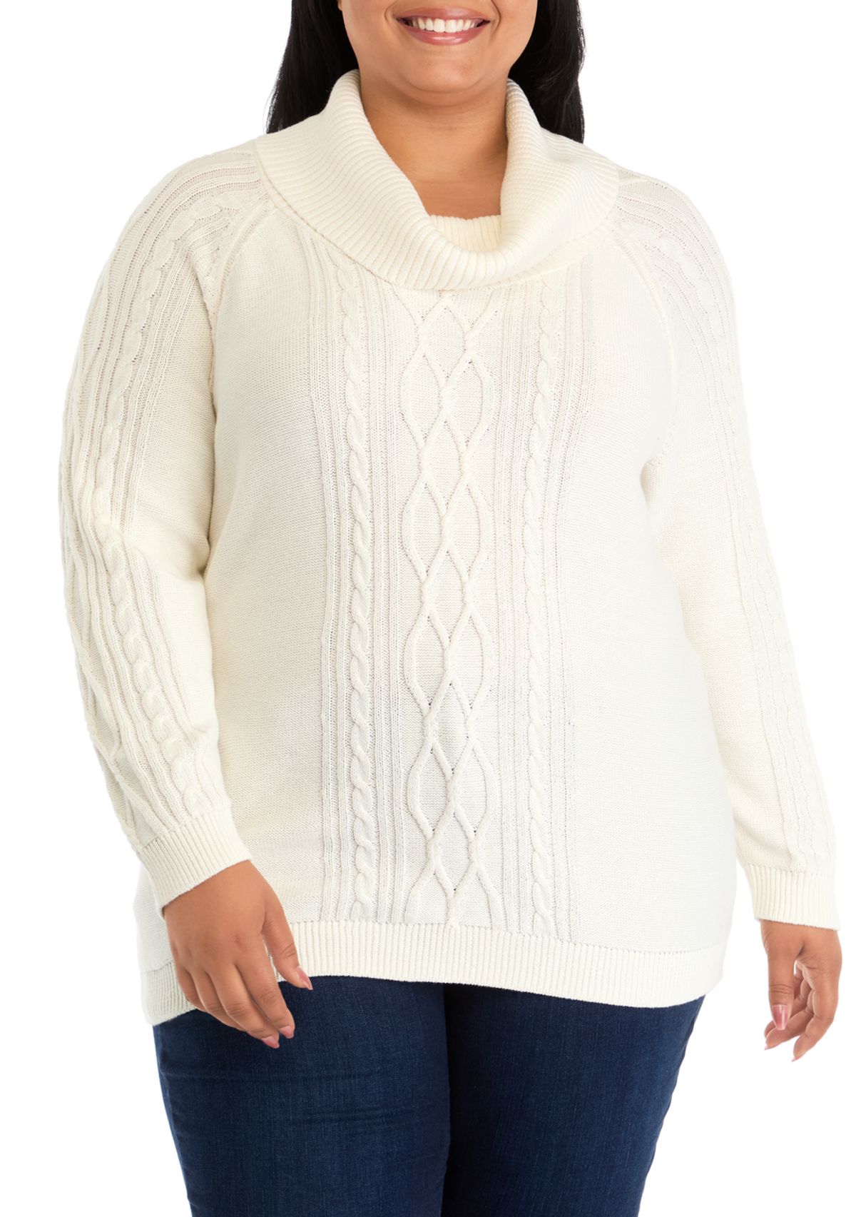 Plus Size Long Sleeve Cowl Neck Cable Knit Sweater