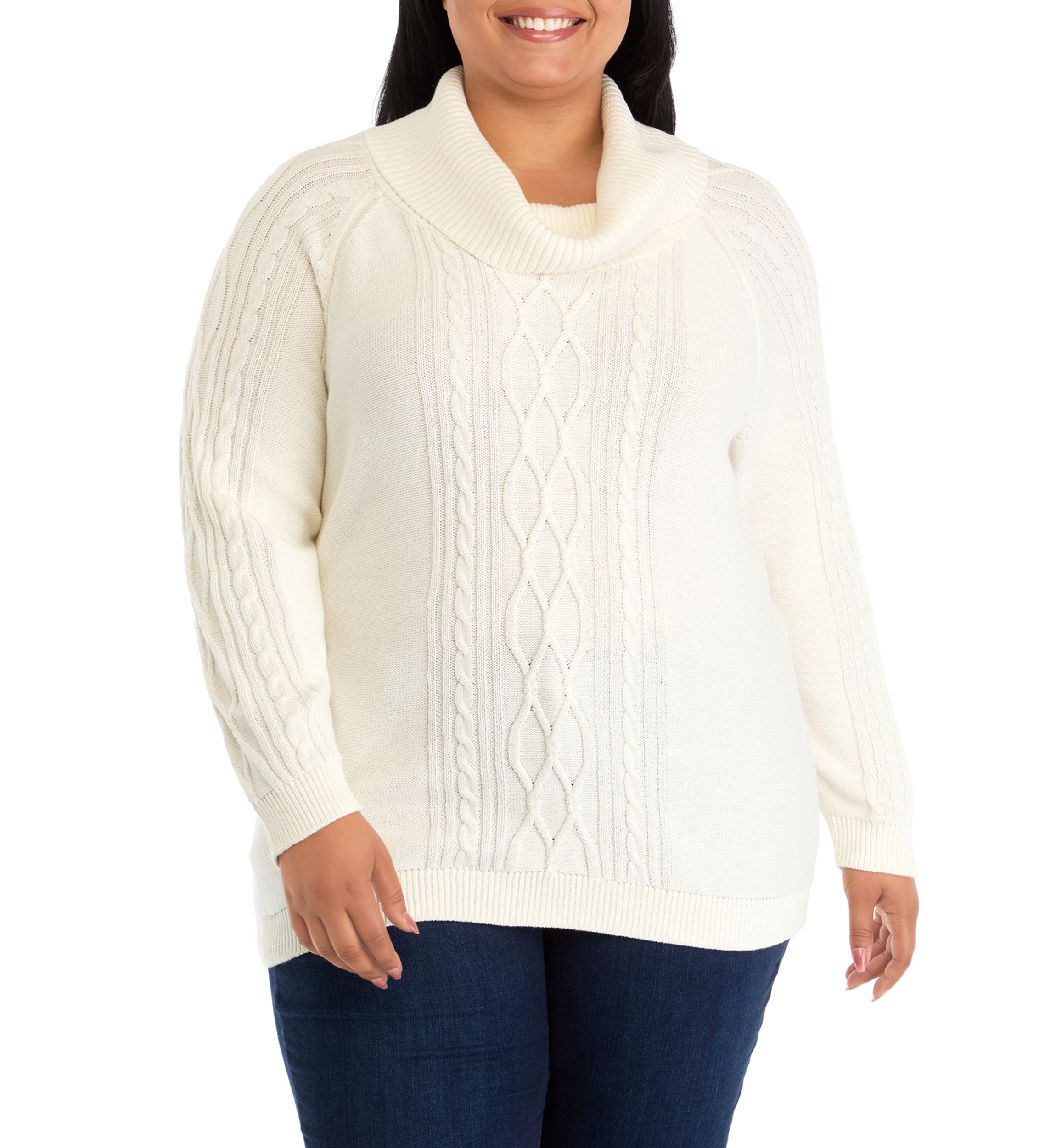 Plus Size Long Sleeve Cowl Neck Cable Knit Sweater