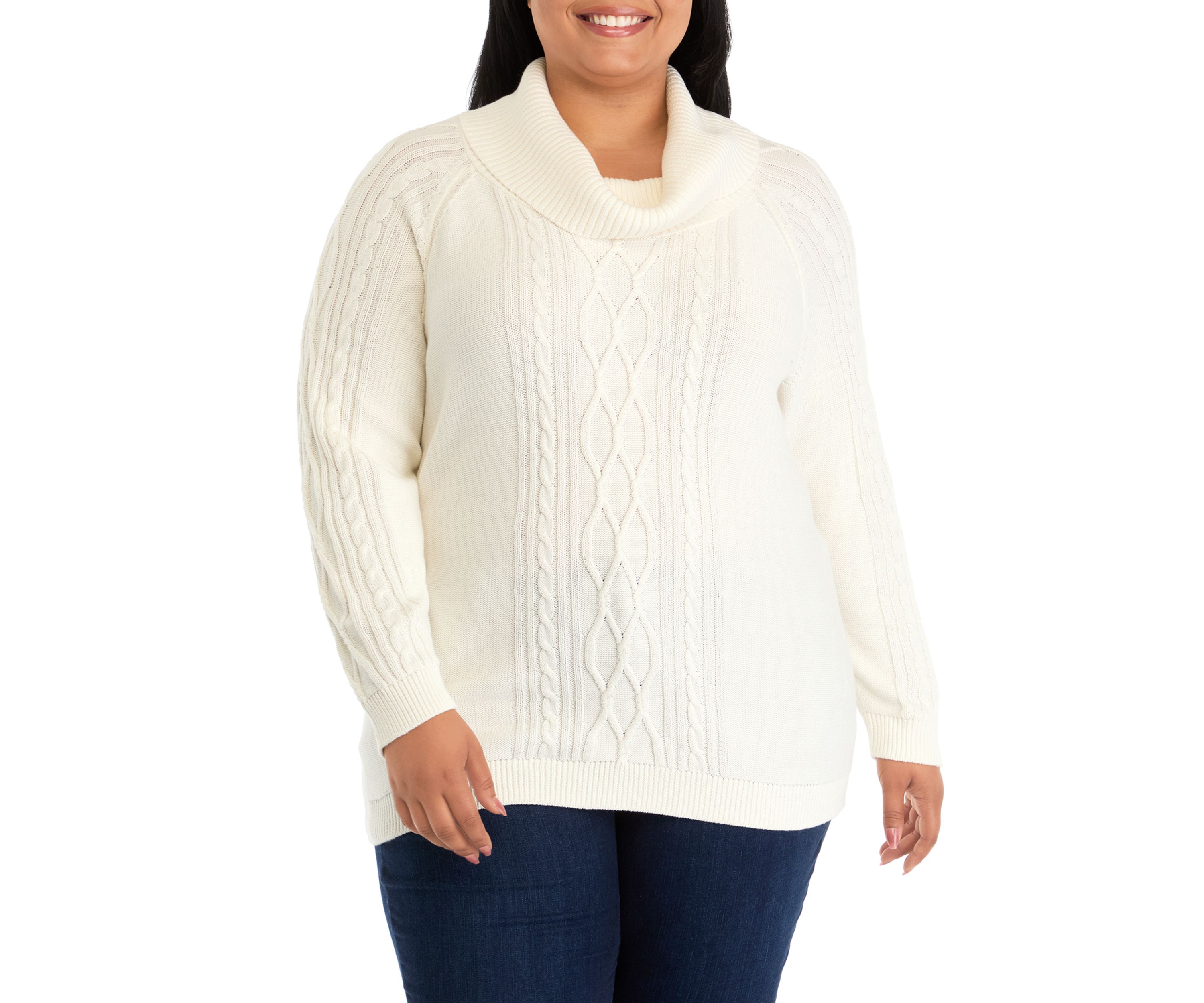 Plus Size Long Sleeve Cowl Neck Cable Knit Sweater