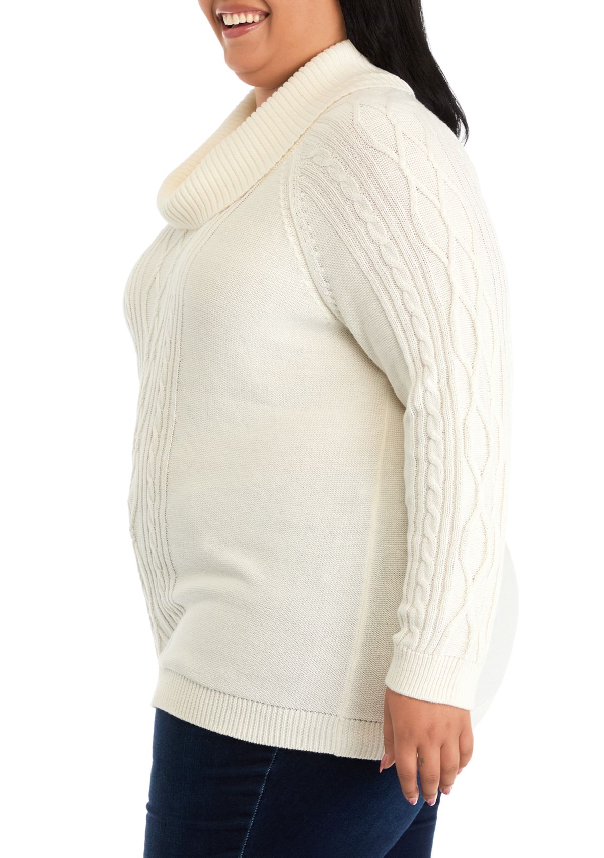 Plus Size Long Sleeve Cowl Neck Cable Knit Sweater