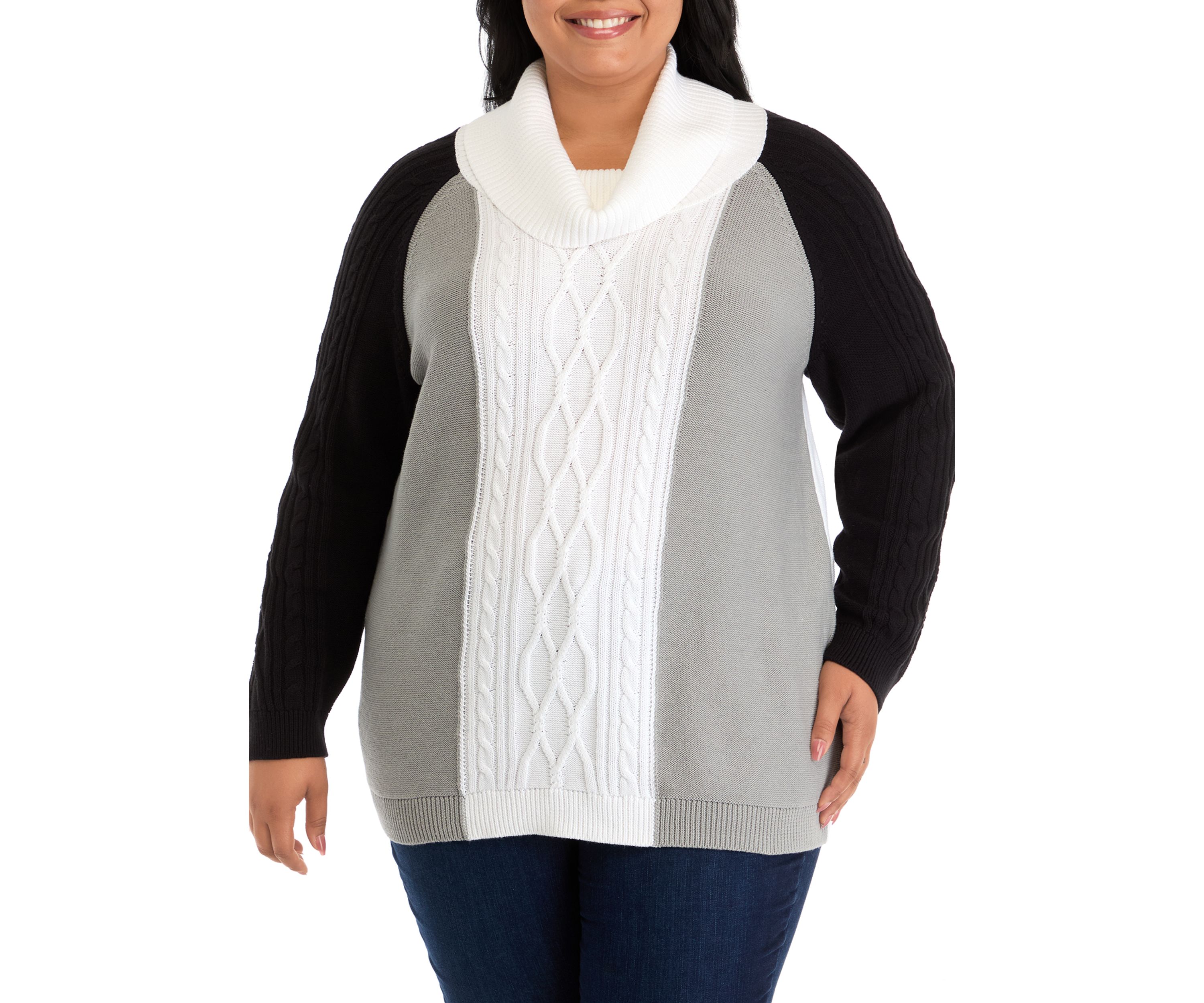 Plus Size Long Sleeve Cowl Neck Color Block Cable Knit Sweater