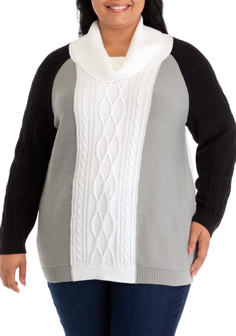 Plus Size Long Sleeve Cowl Neck Color Block Cable Knit Sweater