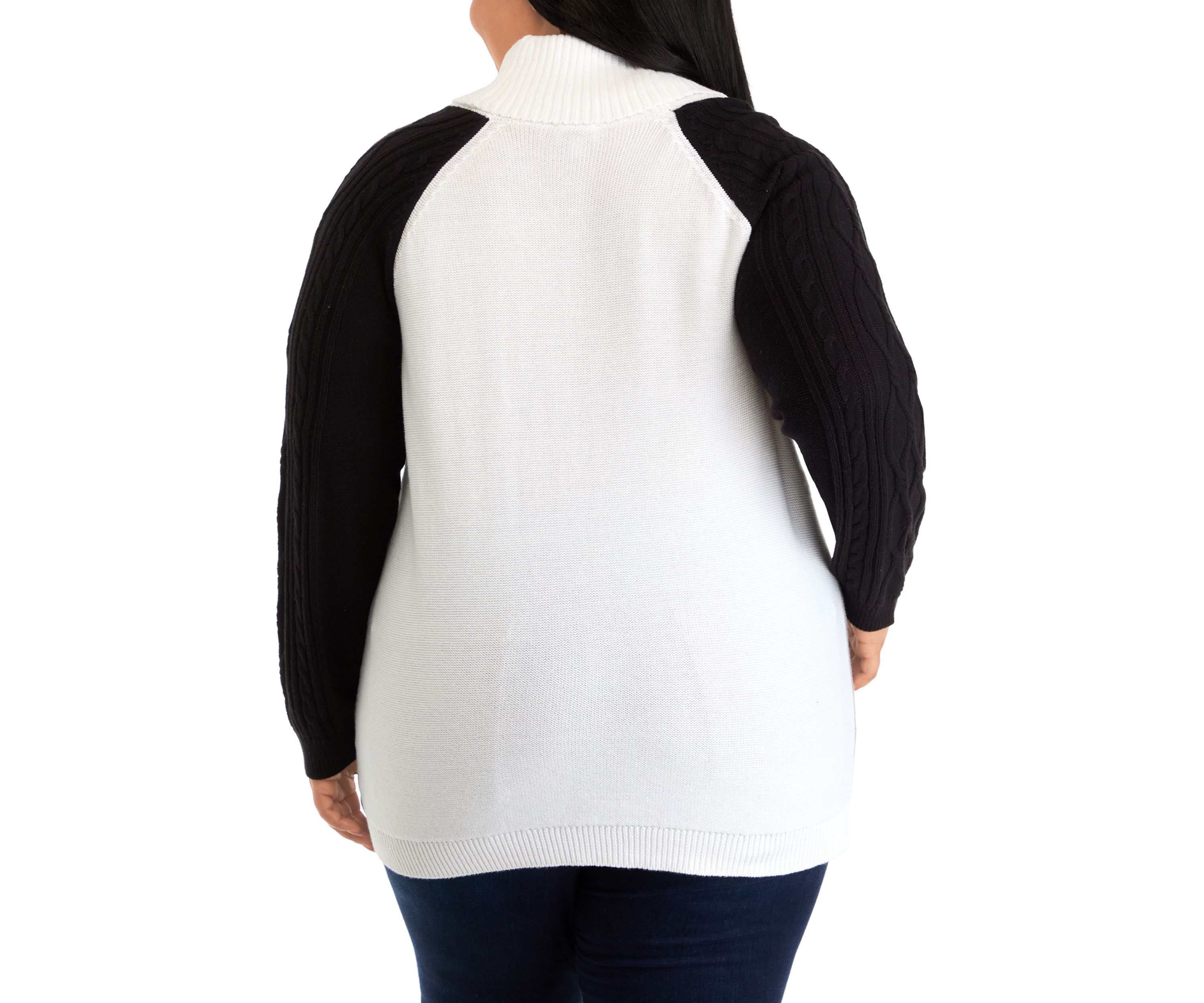Plus Size Long Sleeve Cowl Neck Color Block Cable Knit Sweater