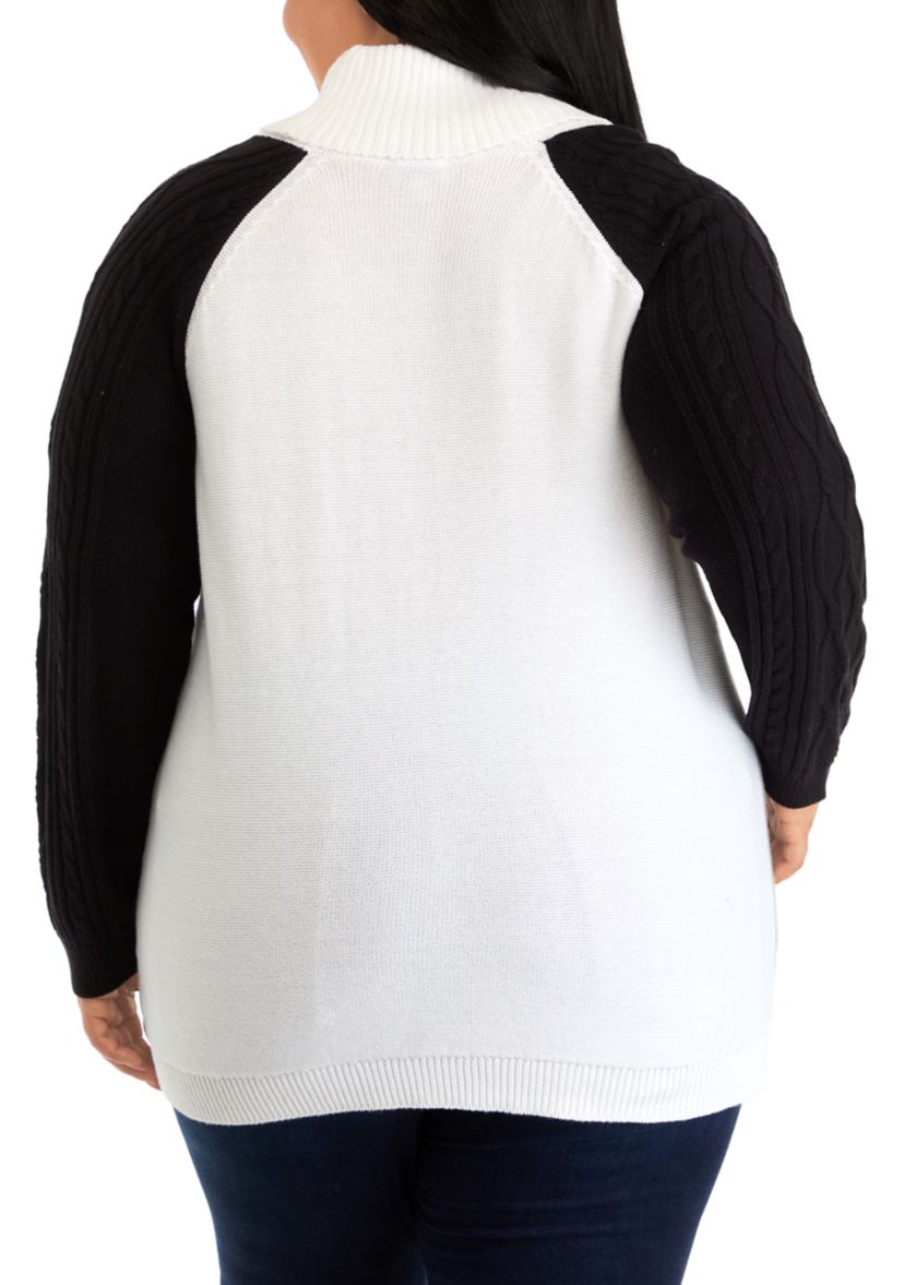 Plus Size Long Sleeve Cowl Neck Color Block Cable Knit Sweater