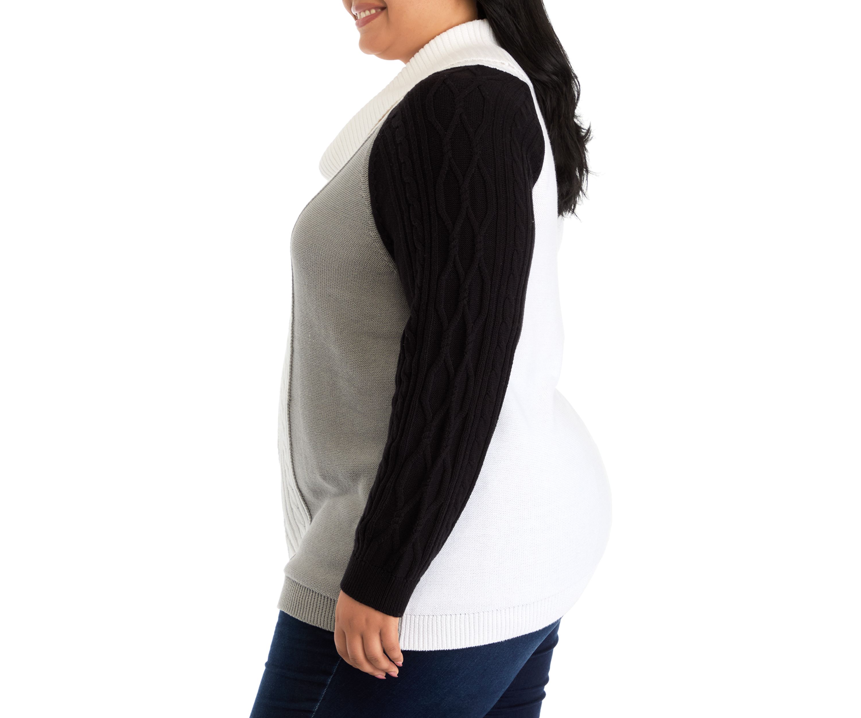 Plus Size Long Sleeve Cowl Neck Color Block Cable Knit Sweater