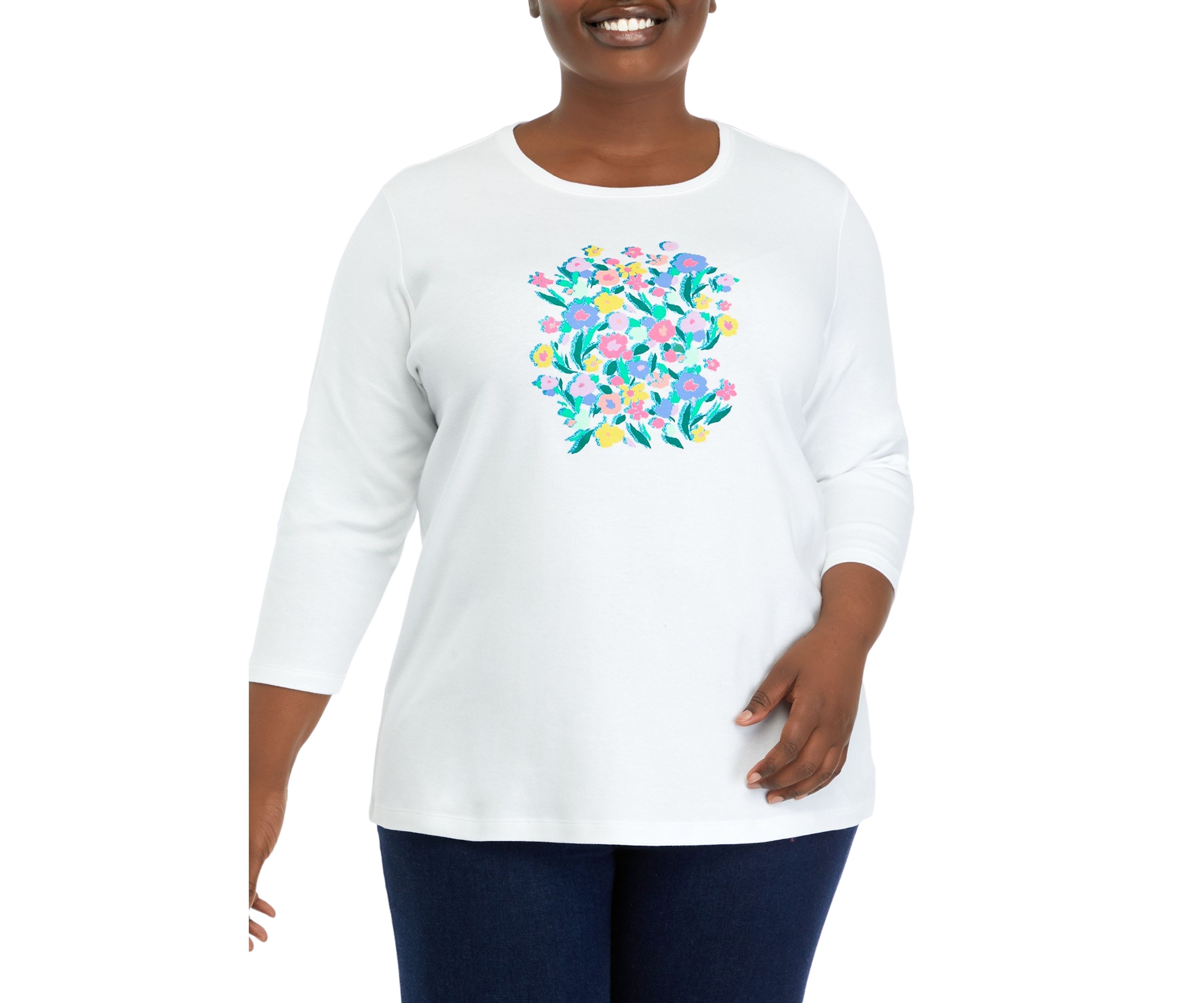 Plus Size 3/4 Sleeve Crew Neck Graphic T-Shirt