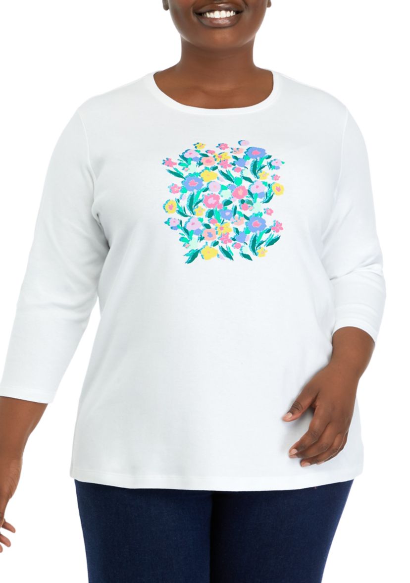 Plus Size 3/4 Sleeve Crew Neck Graphic T-Shirt
