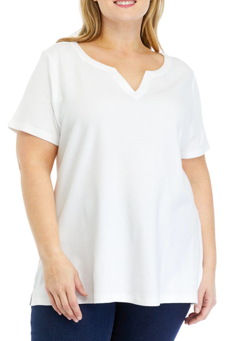 Plus Size Solid Split Neck T-Shirt