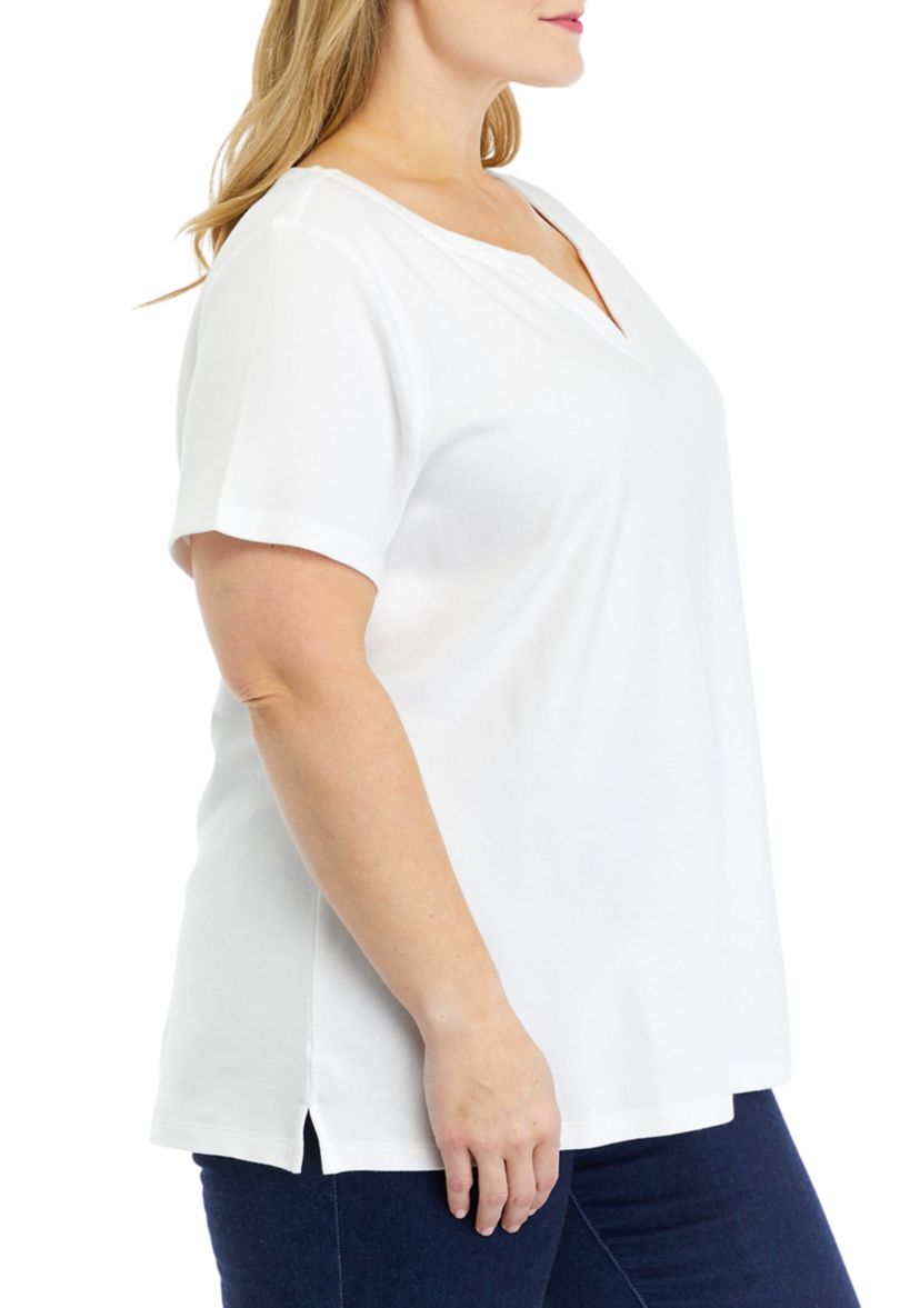Plus Size Solid Split Neck T-Shirt