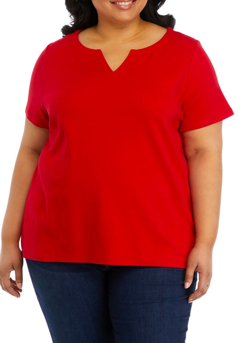 Plus Size Solid Split Neck T-Shirt