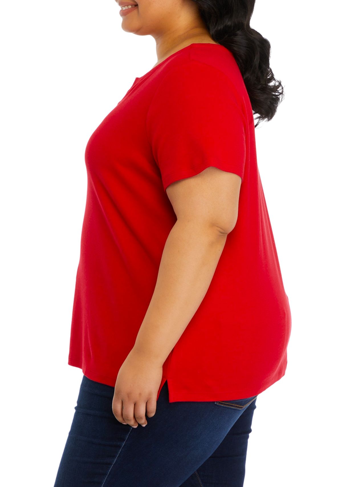 Plus Size Solid Split Neck T-Shirt