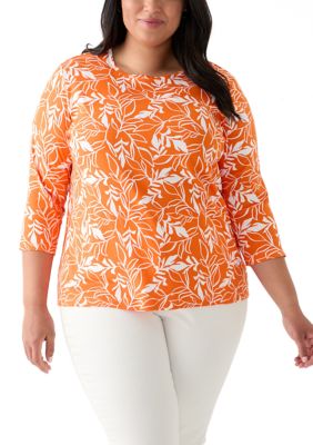 Kim Rogers Women's Plus Size 3/4 Sleeve Printed Shirt, Orange, 2X