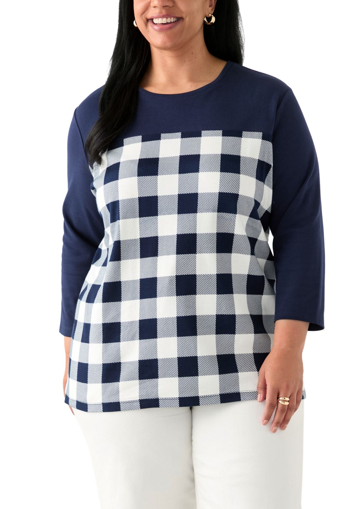 Plus Size Three Quarter Pieced Yoke Crew Neck Top 