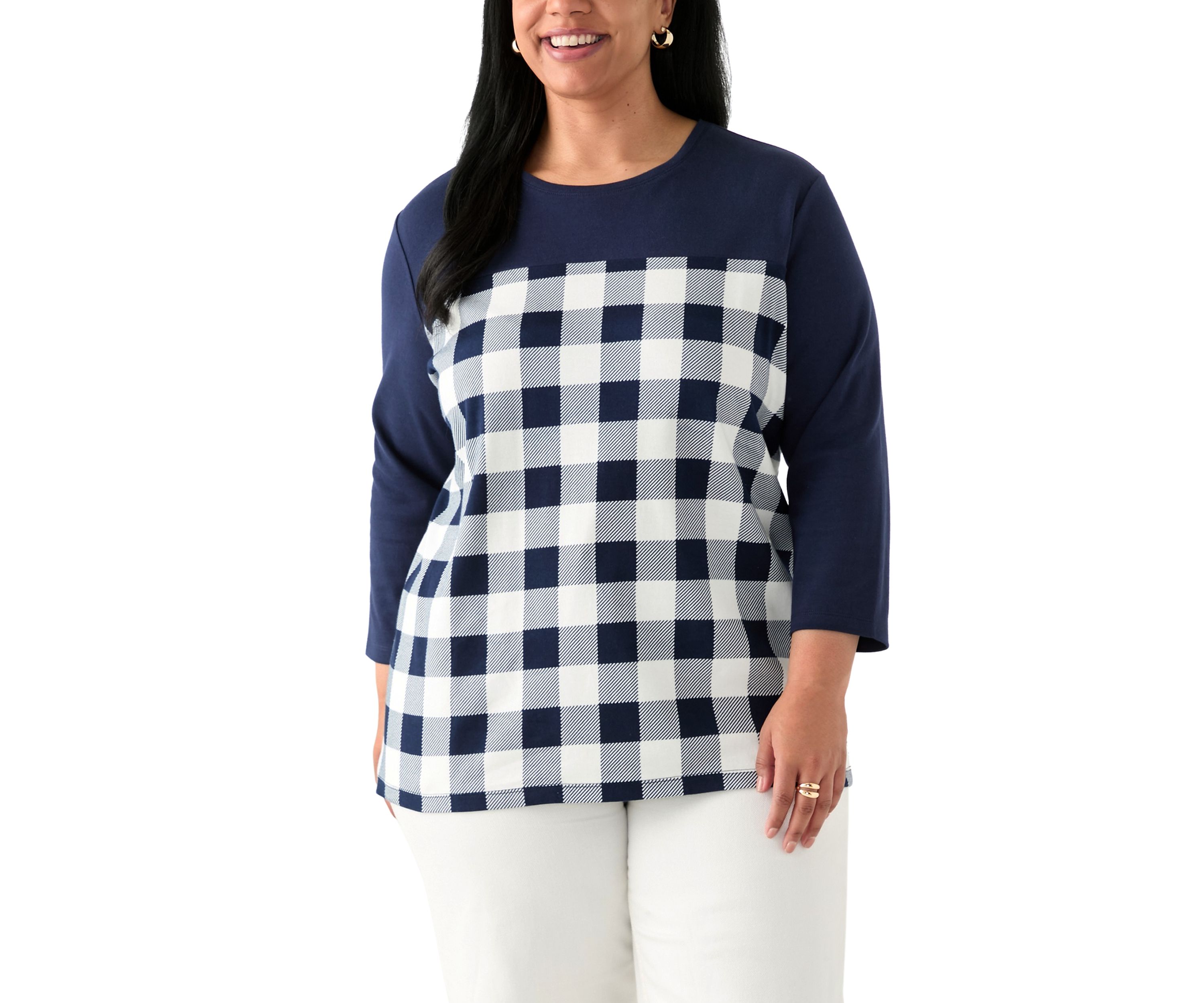 Plus Size Three Quarter Pieced Yoke Crew Neck Top 