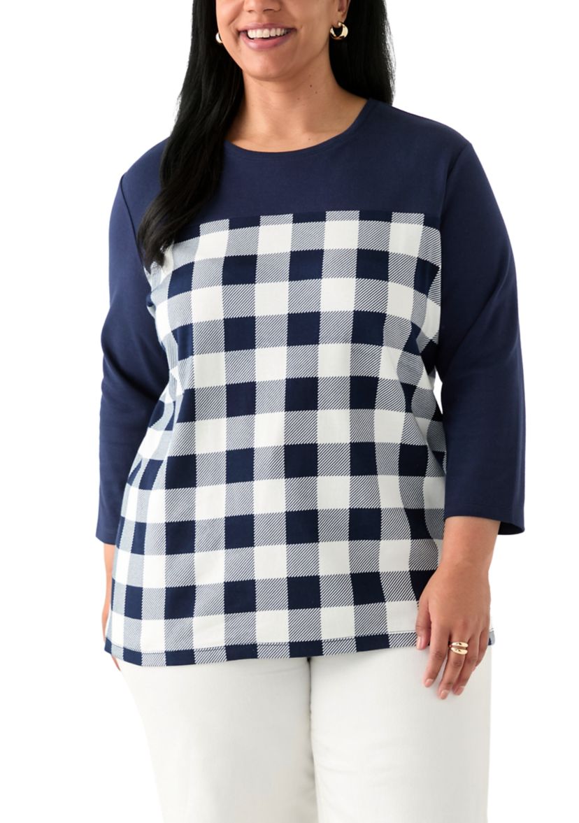 Plus Size Three Quarter Pieced Yoke Crew Neck Top 