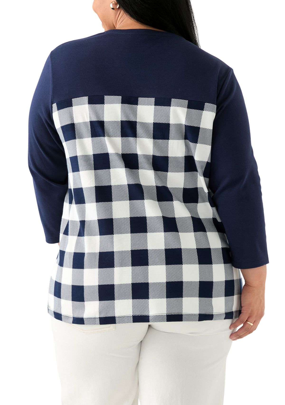 Plus Size Three Quarter Pieced Yoke Crew Neck Top 