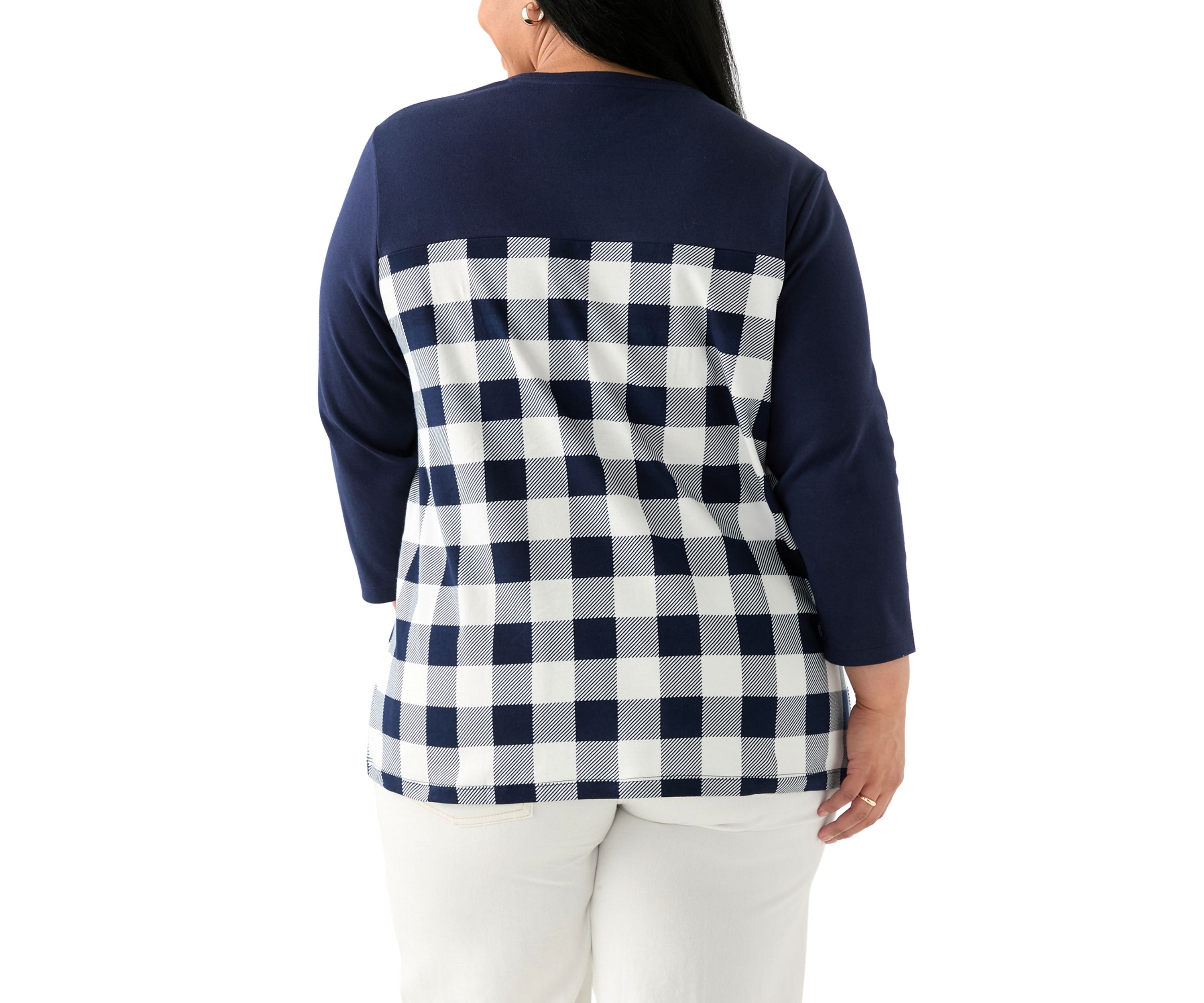 Plus Size Three Quarter Pieced Yoke Crew Neck Top 