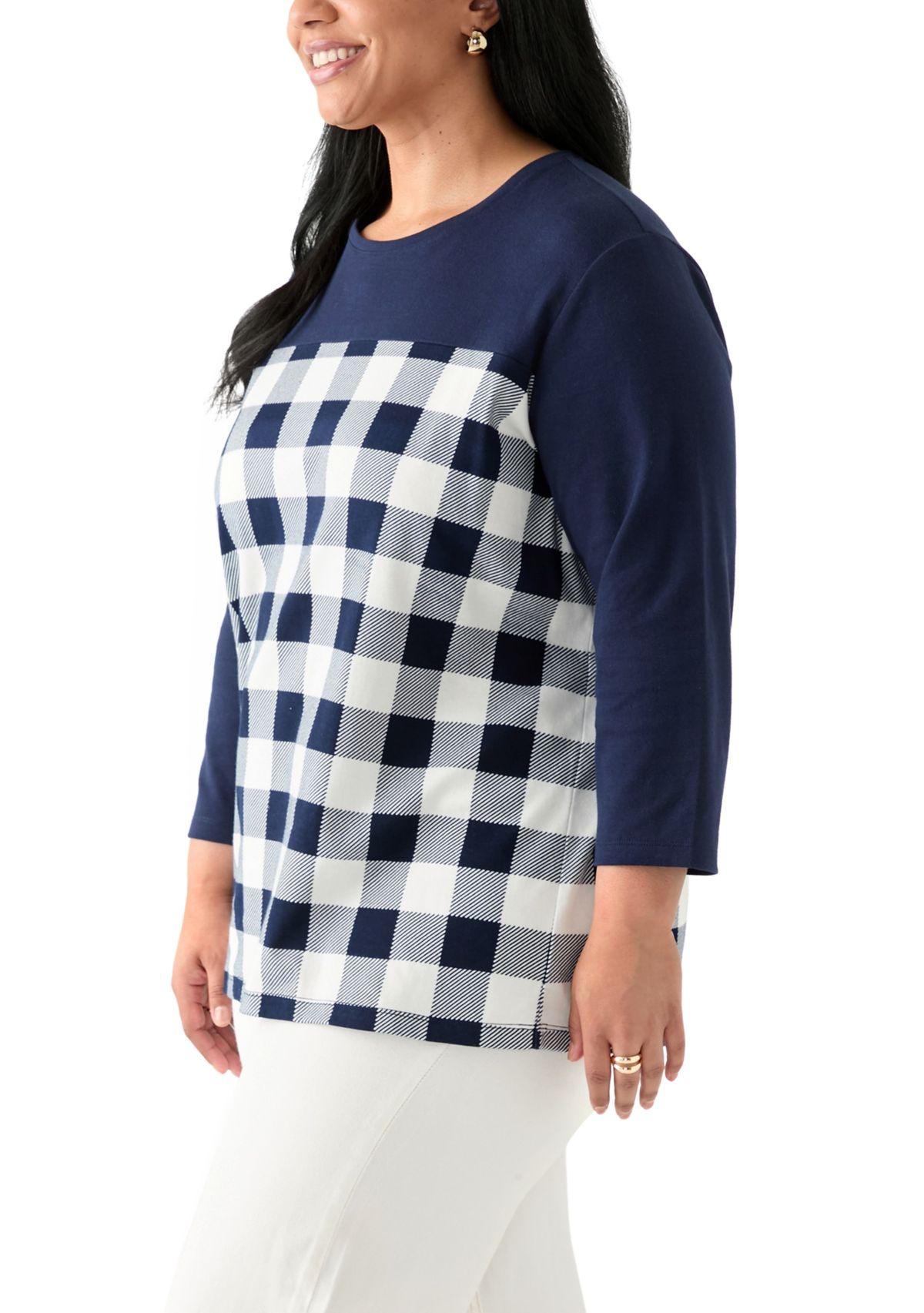 Plus Size Three Quarter Pieced Yoke Crew Neck Top 