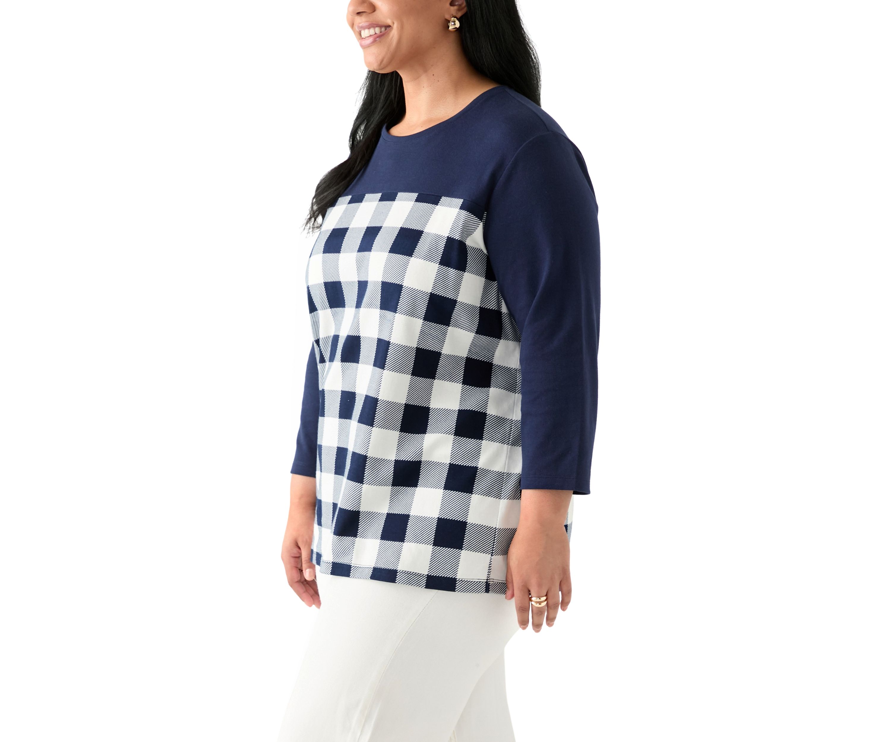 Plus Size Three Quarter Pieced Yoke Crew Neck Top 