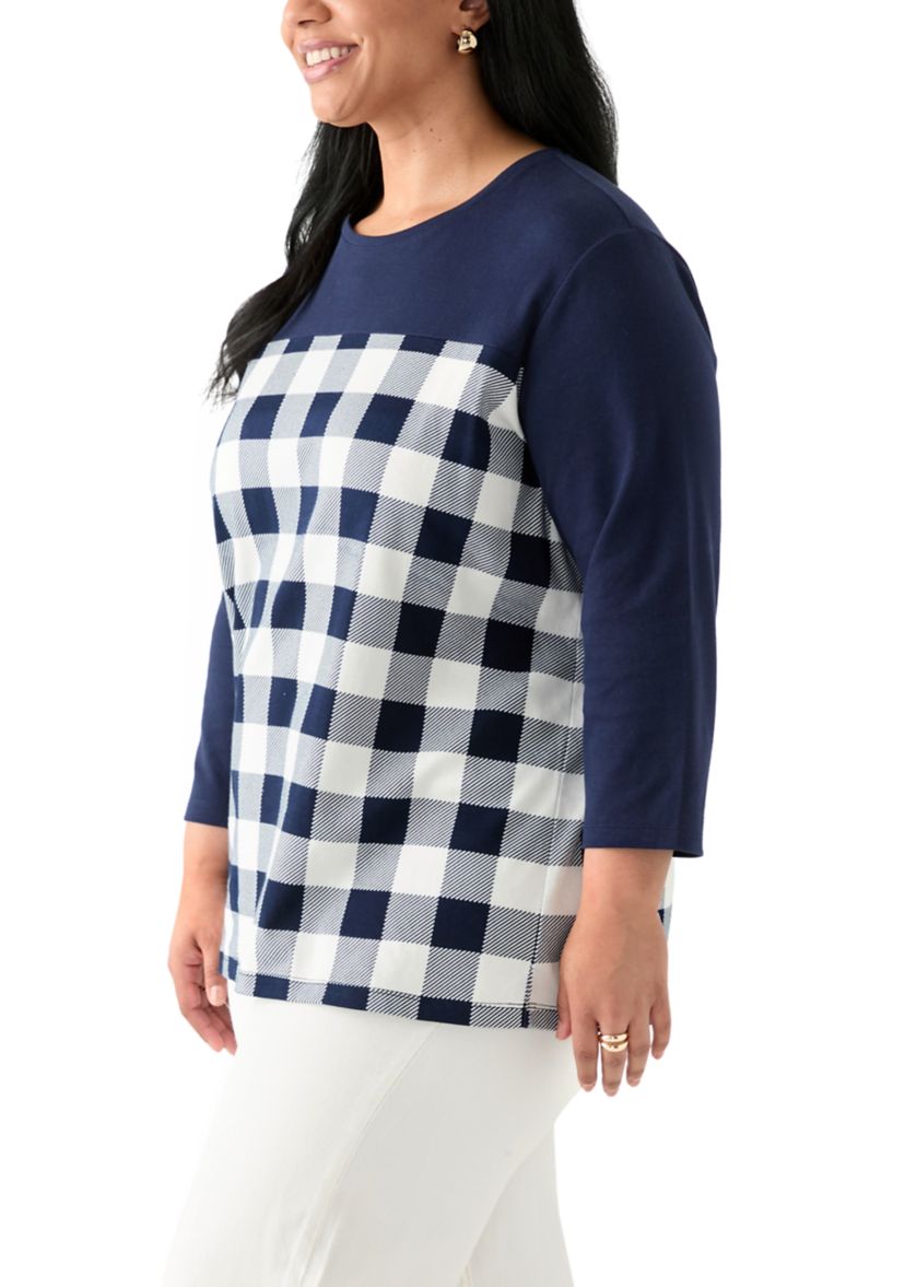 Plus Size Three Quarter Pieced Yoke Crew Neck Top 