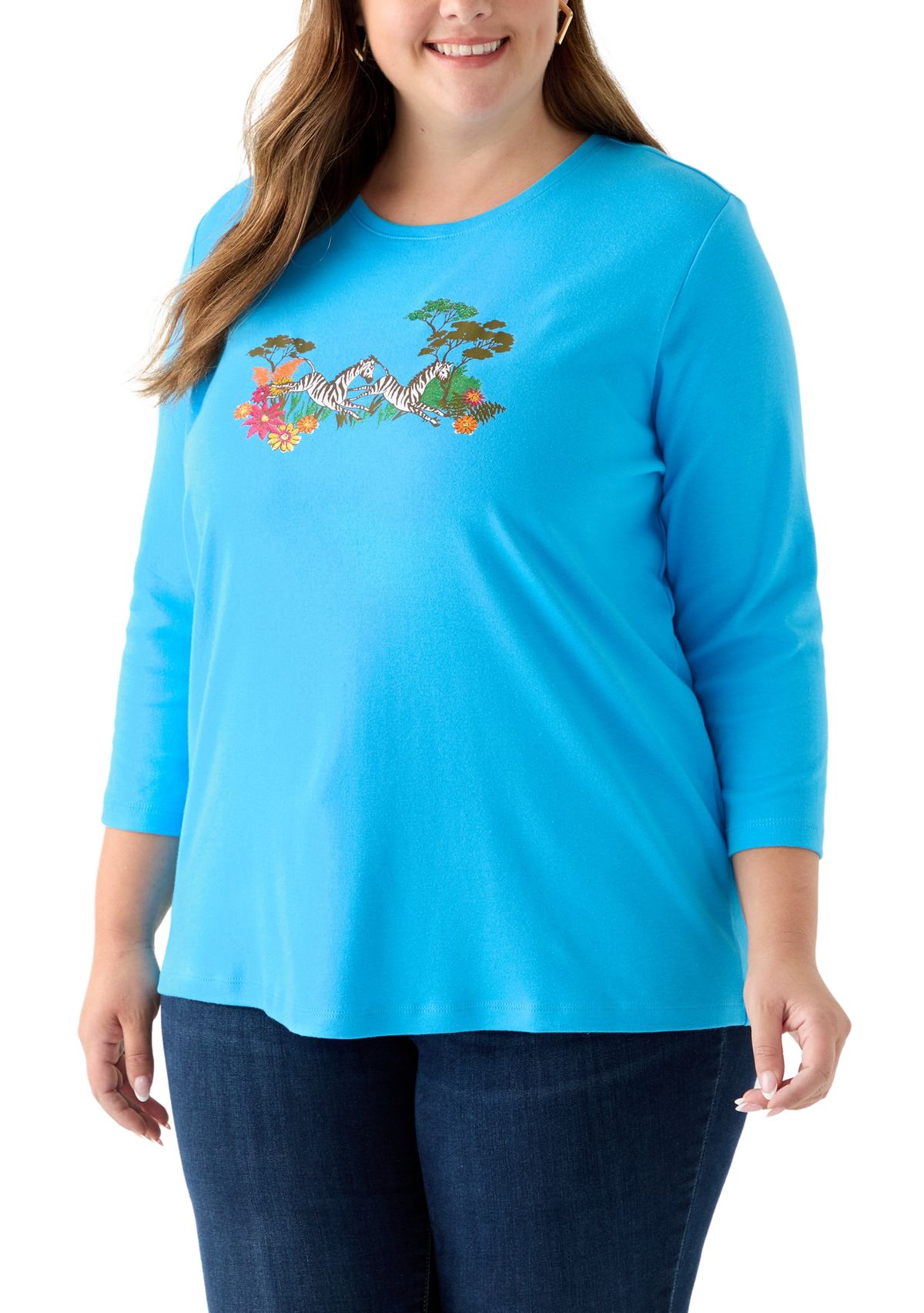 Plus Size 3/4 Sleeve Crew Neck Graphic T-Shirt