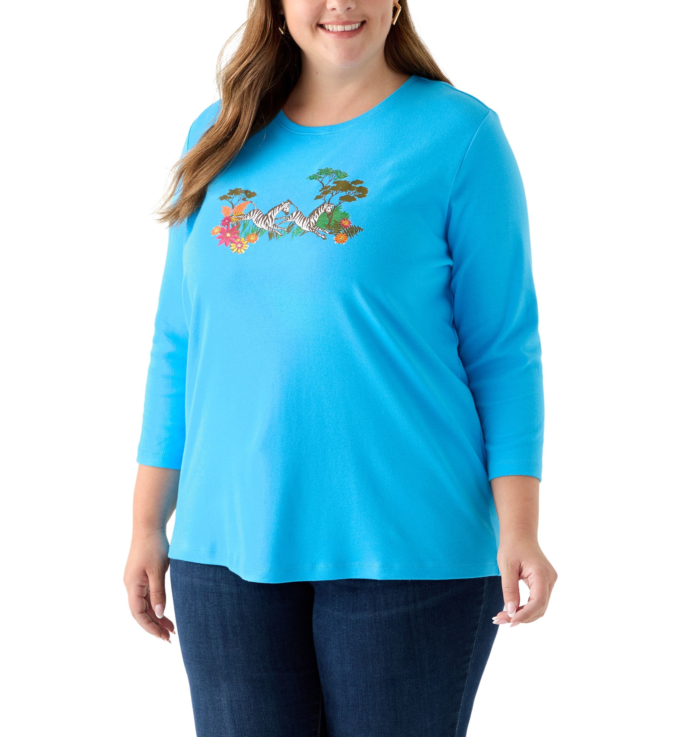 Plus Size 3/4 Sleeve Crew Neck Graphic T-Shirt