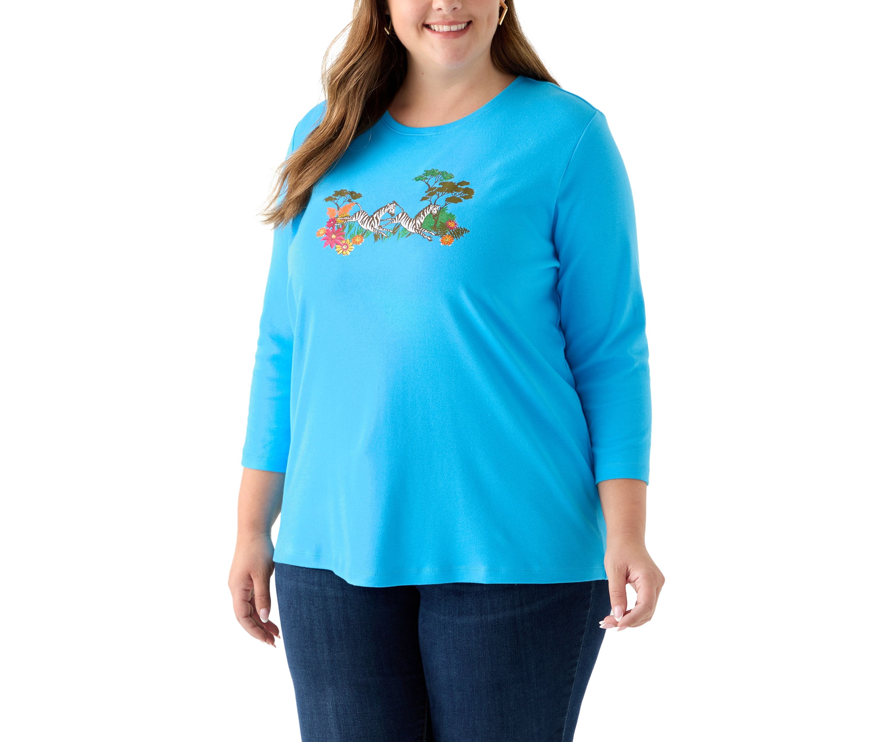 Plus Size 3/4 Sleeve Crew Neck Graphic T-Shirt