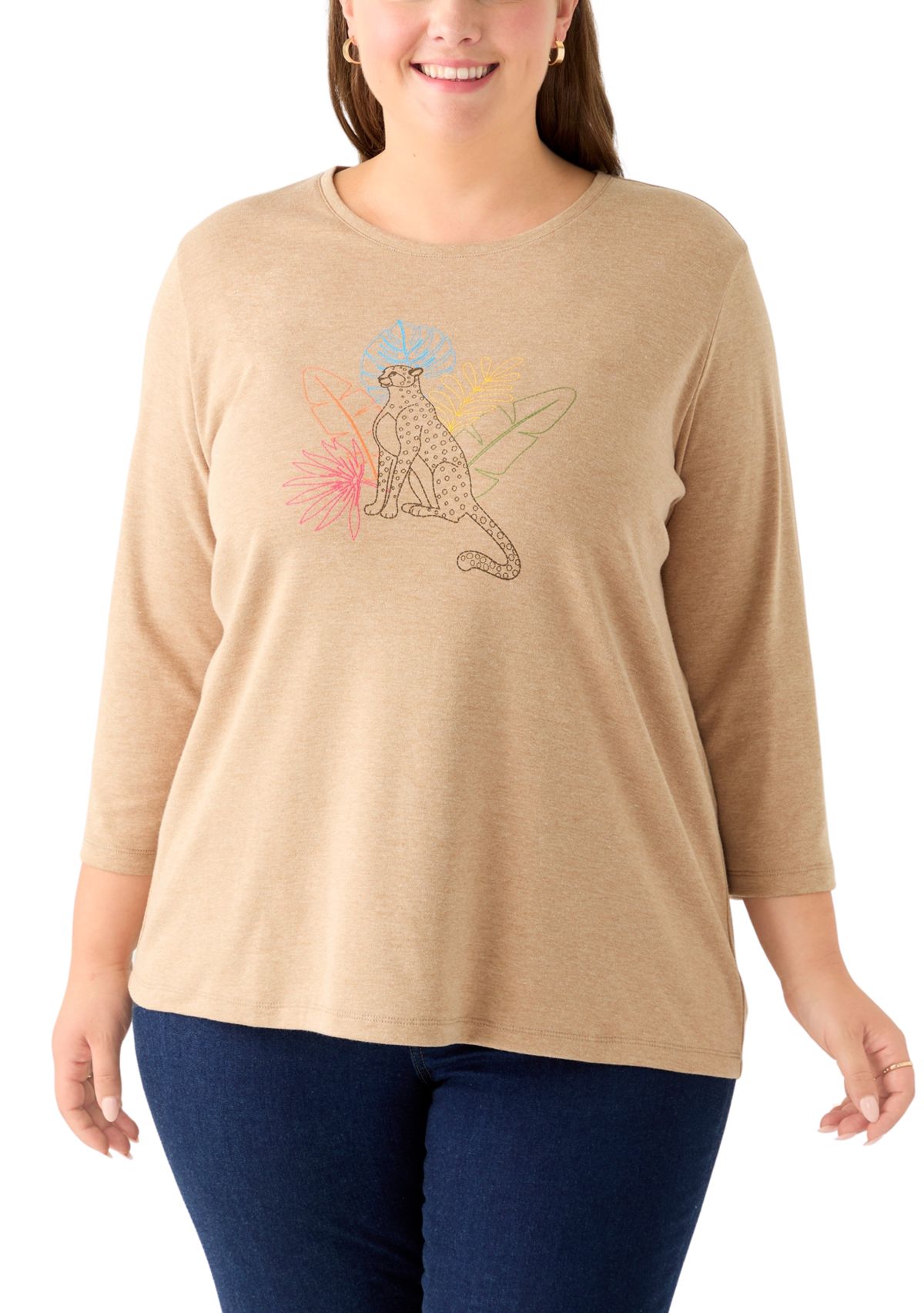 Plus Size 3/4 Sleeve Crew Neck Heather Graphic T-Shirt