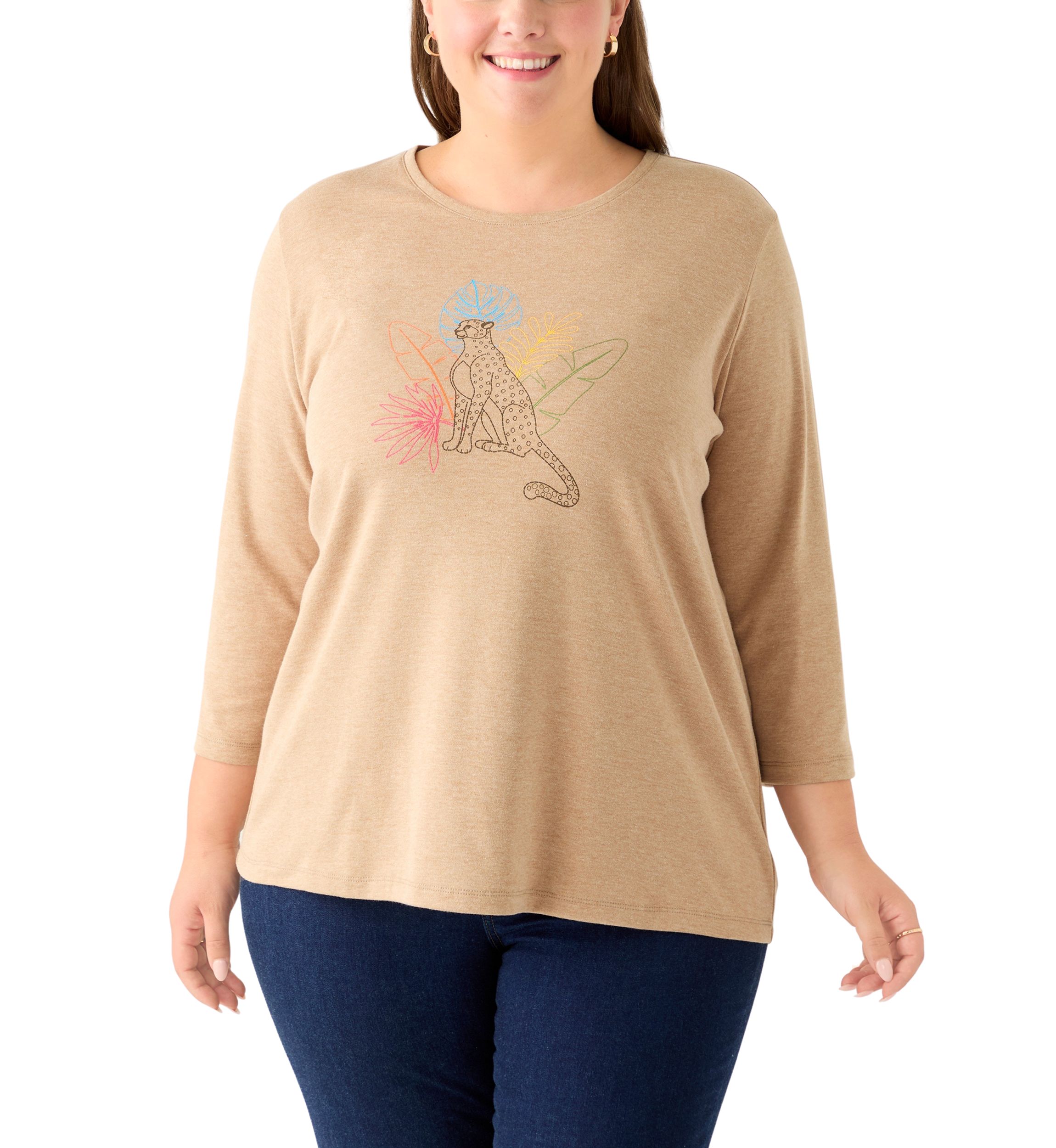 Plus Size 3/4 Sleeve Crew Neck Heather Graphic T-Shirt