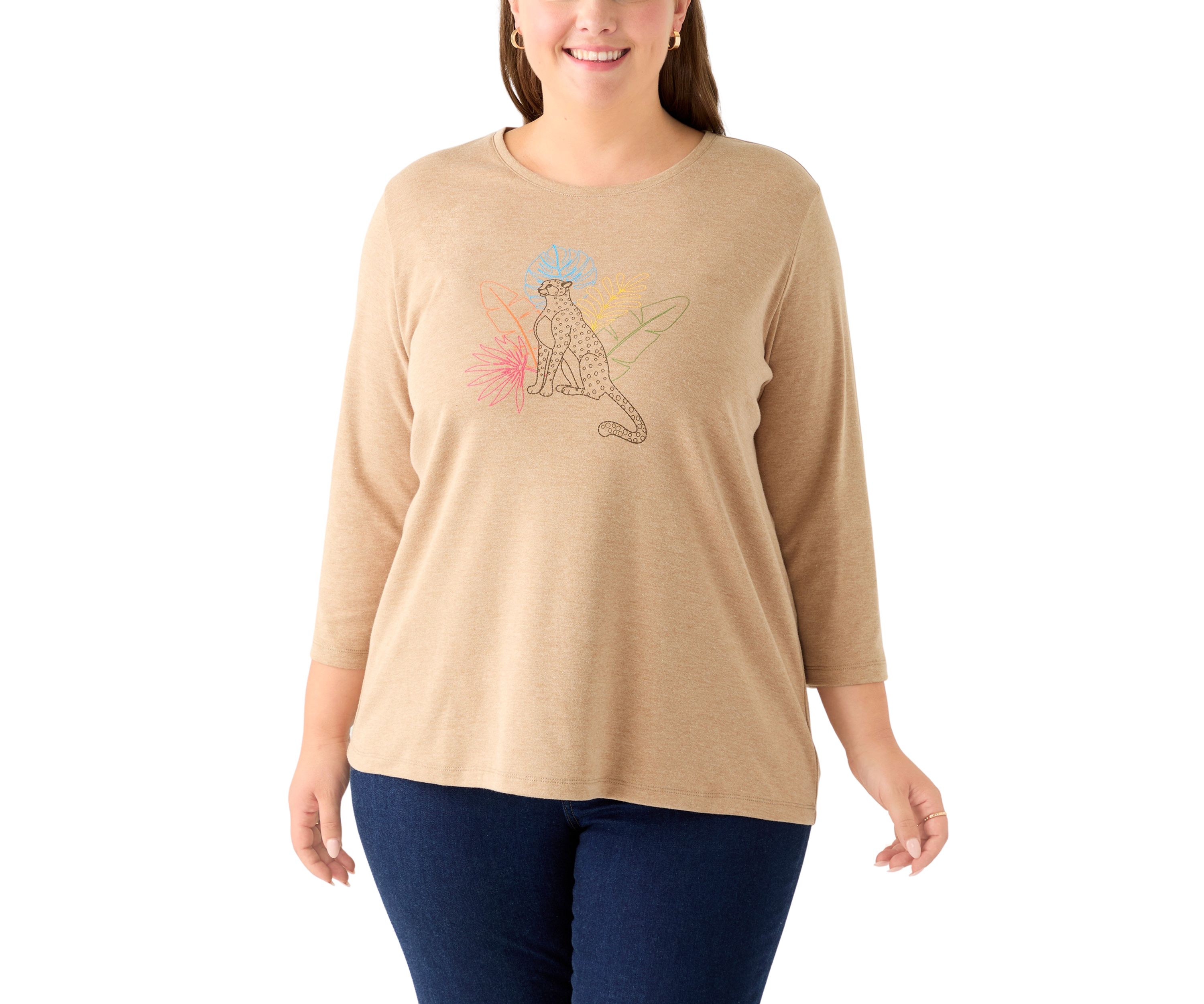 Plus Size 3/4 Sleeve Crew Neck Heather Graphic T-Shirt