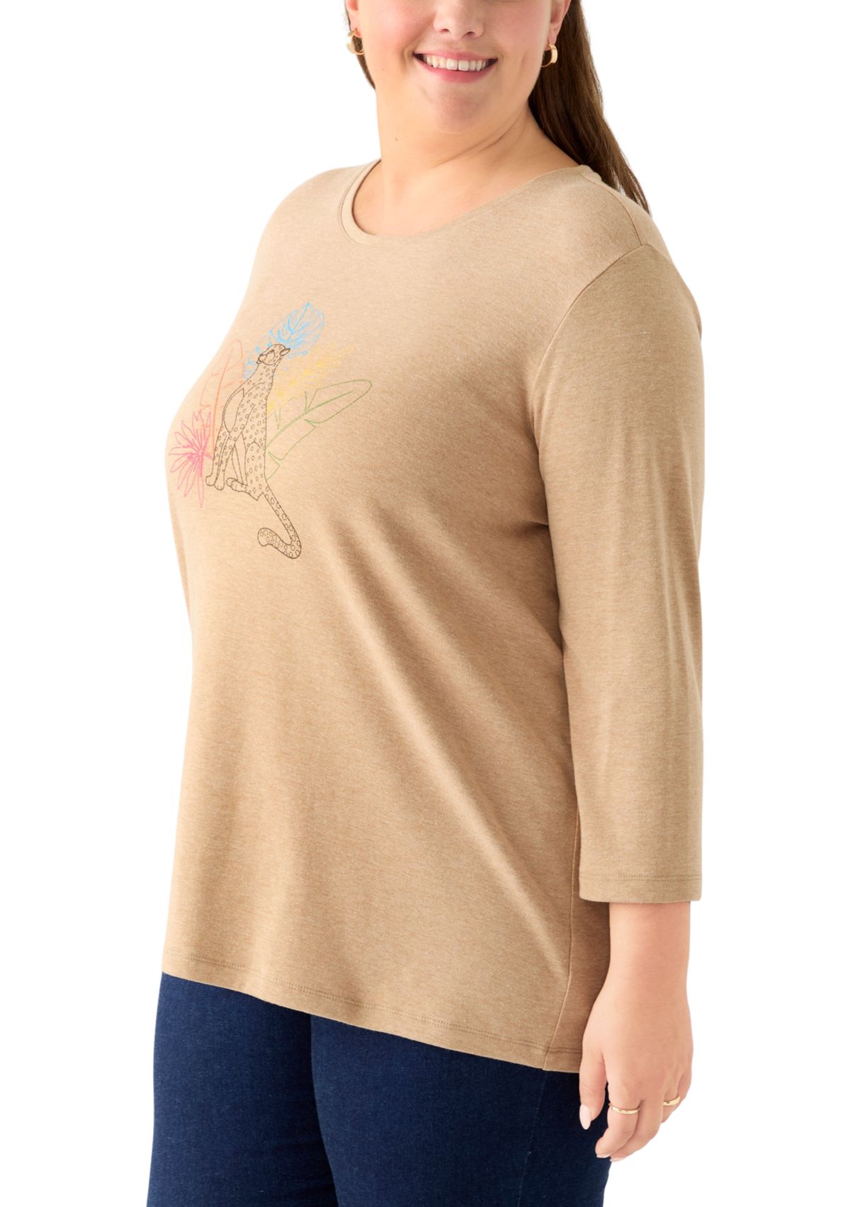 Plus Size 3/4 Sleeve Crew Neck Heather Graphic T-Shirt