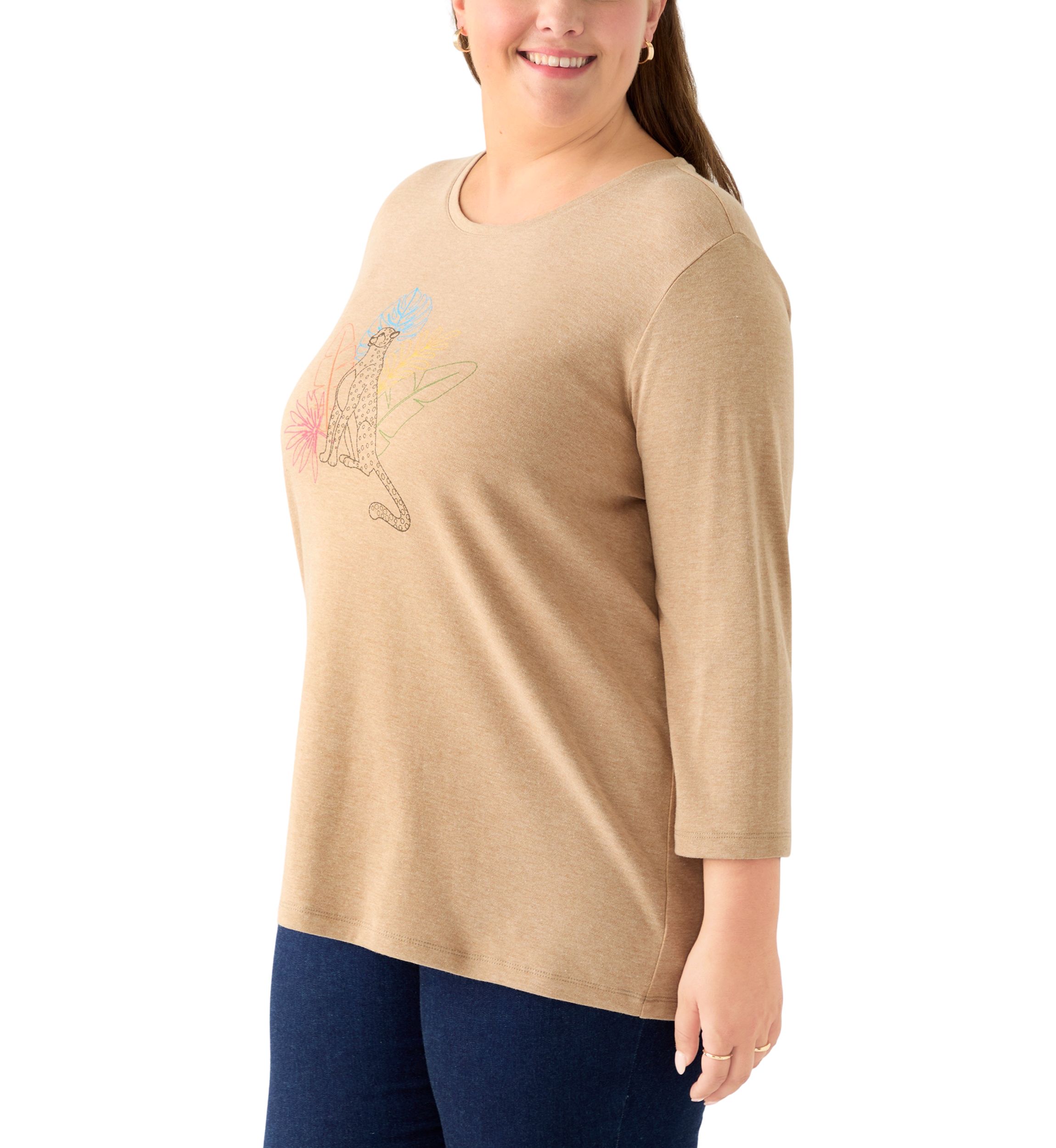 Plus Size 3/4 Sleeve Crew Neck Heather Graphic T-Shirt