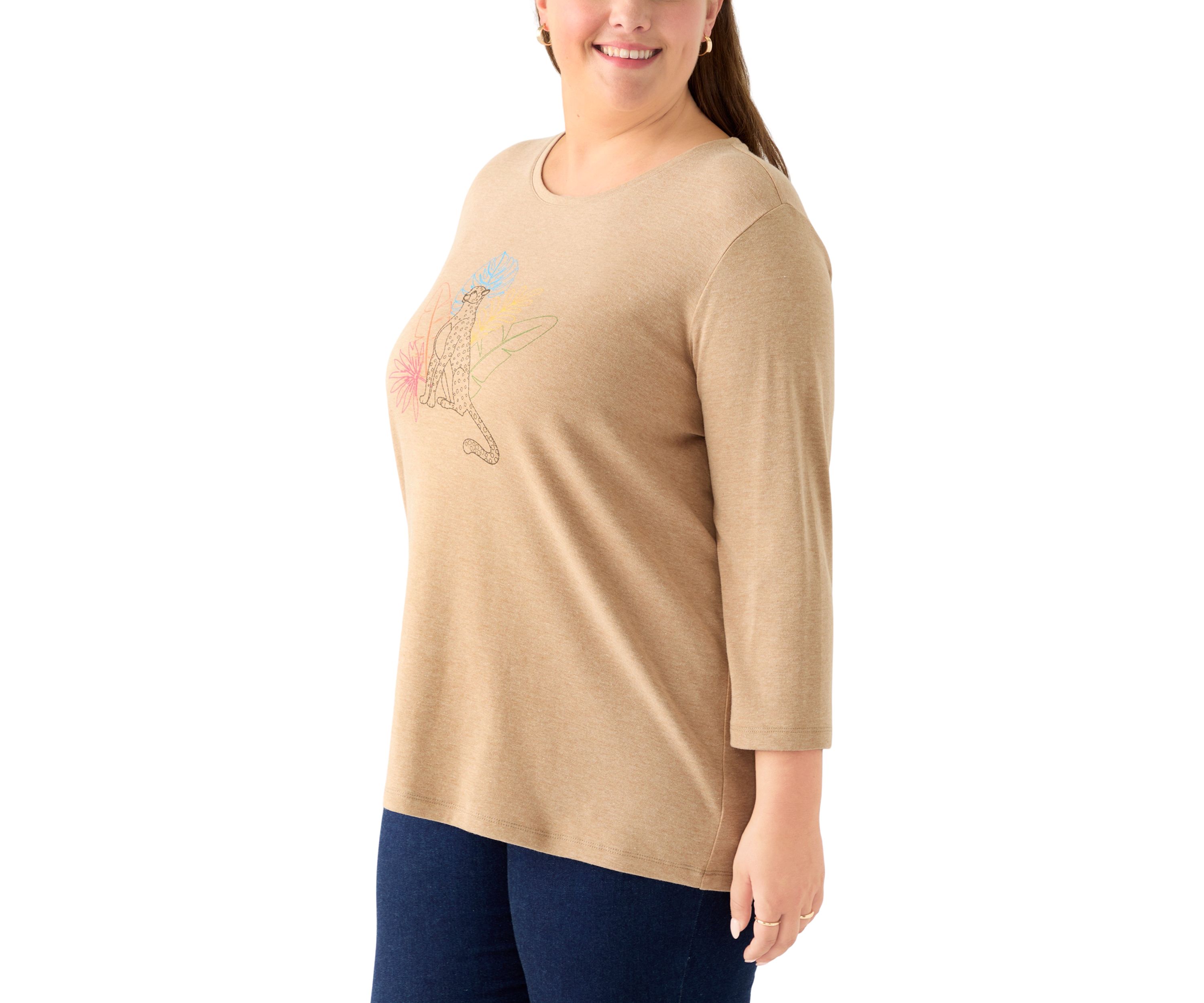Plus Size 3/4 Sleeve Crew Neck Heather Graphic T-Shirt