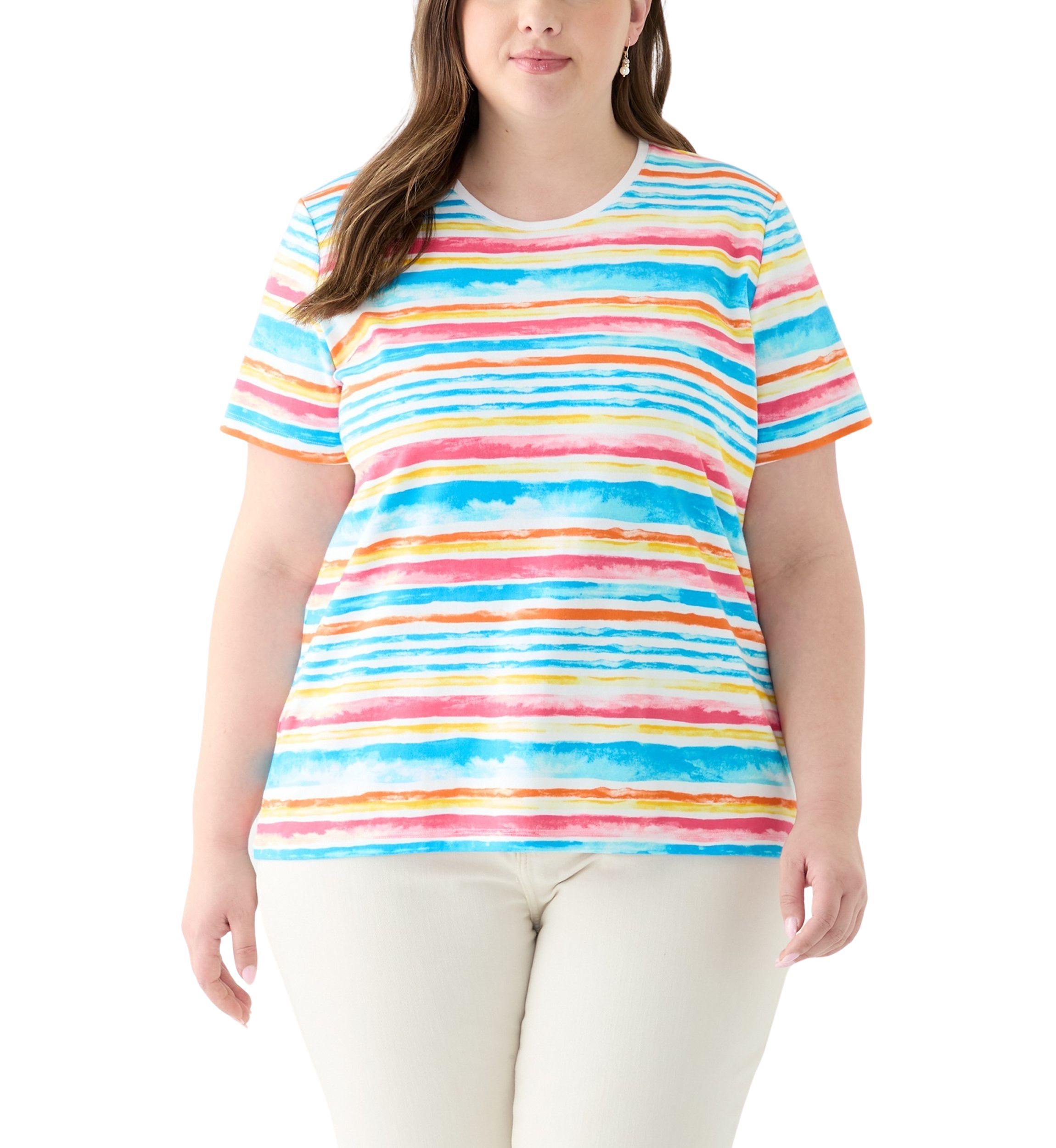 Plus Size Short Sleeve Crew Neck Stripe Print Top