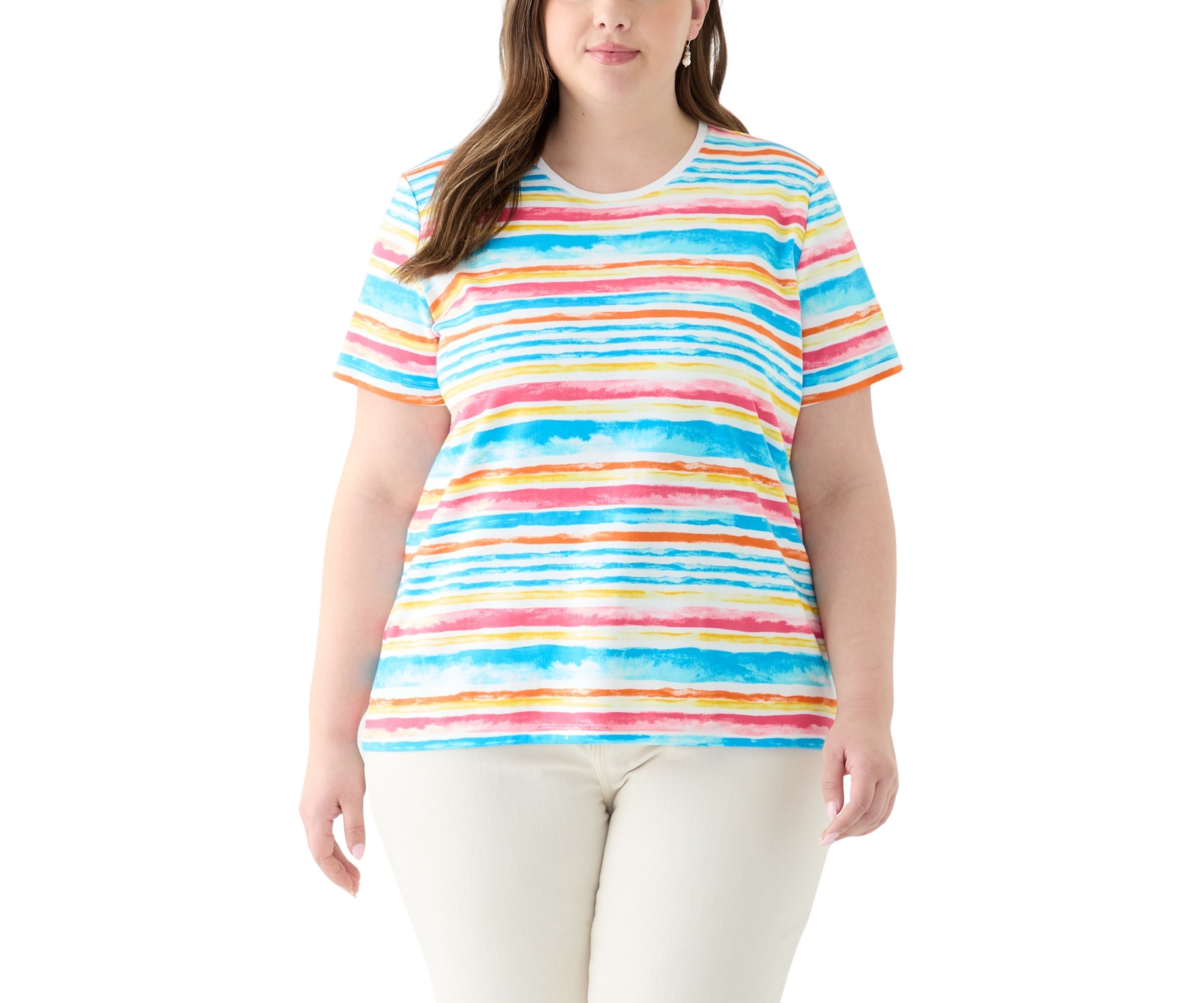 Plus Size Short Sleeve Crew Neck Stripe Print Top