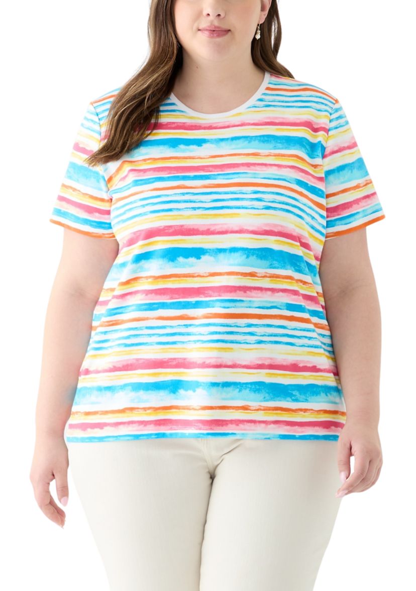 Plus Size Short Sleeve Crew Neck Stripe Print Top