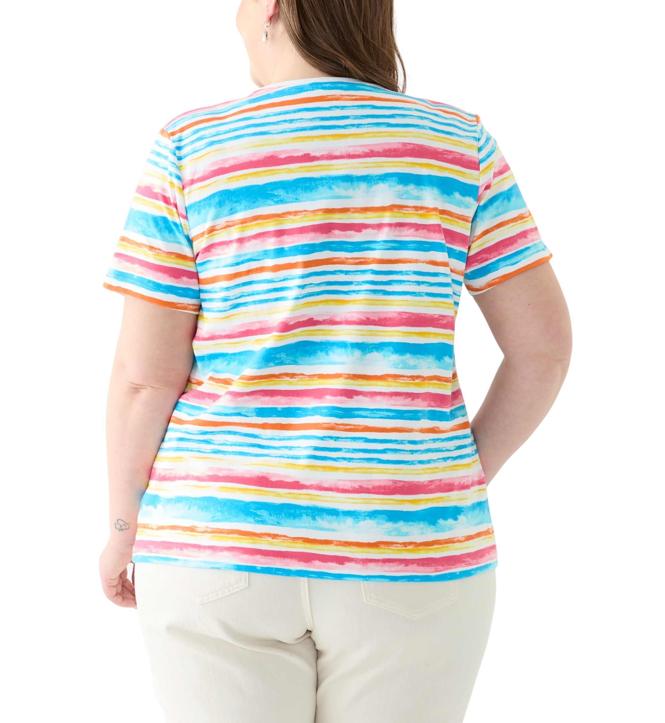 Plus Size Short Sleeve Crew Neck Stripe Print Top