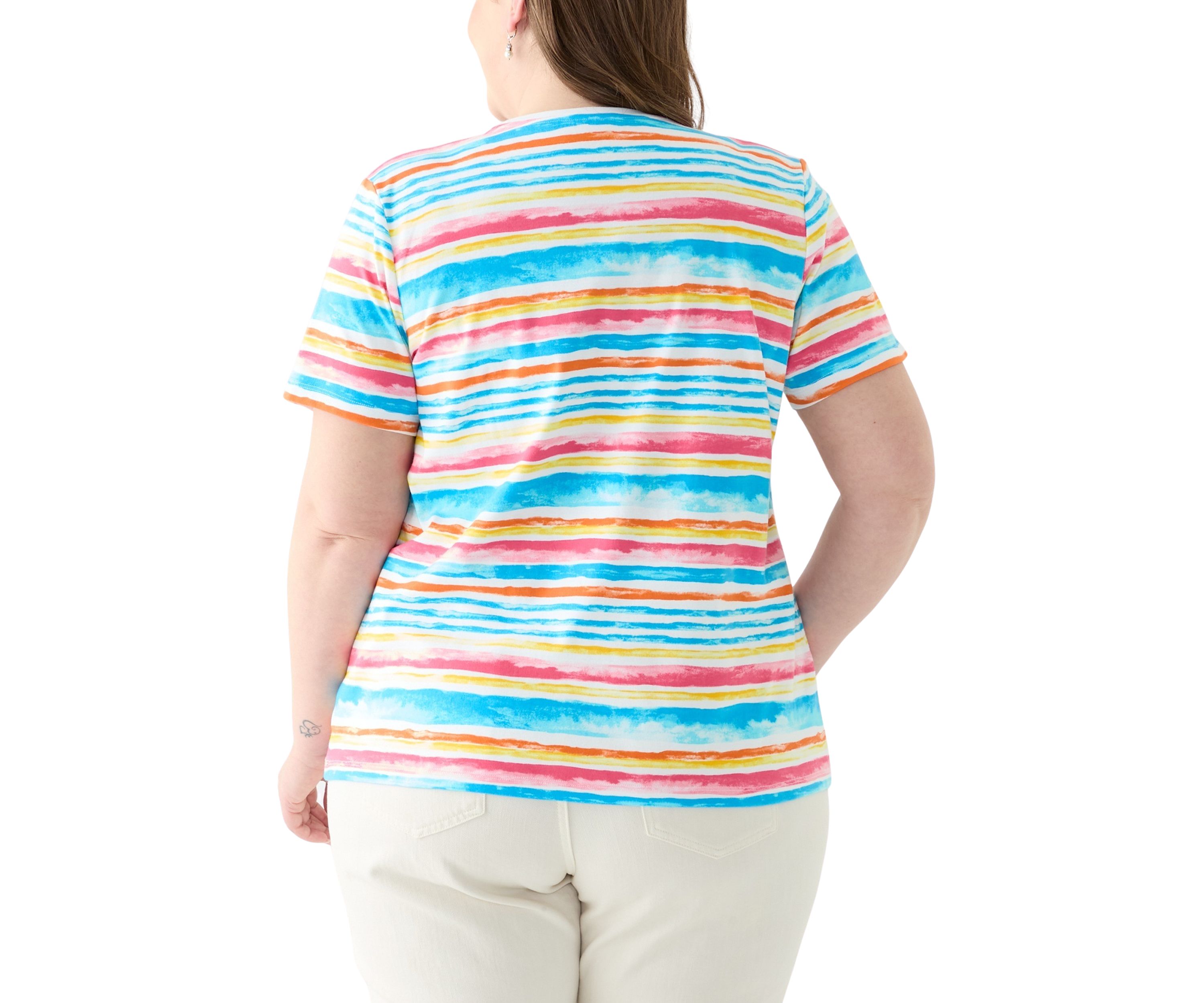 Plus Size Short Sleeve Crew Neck Stripe Print Top