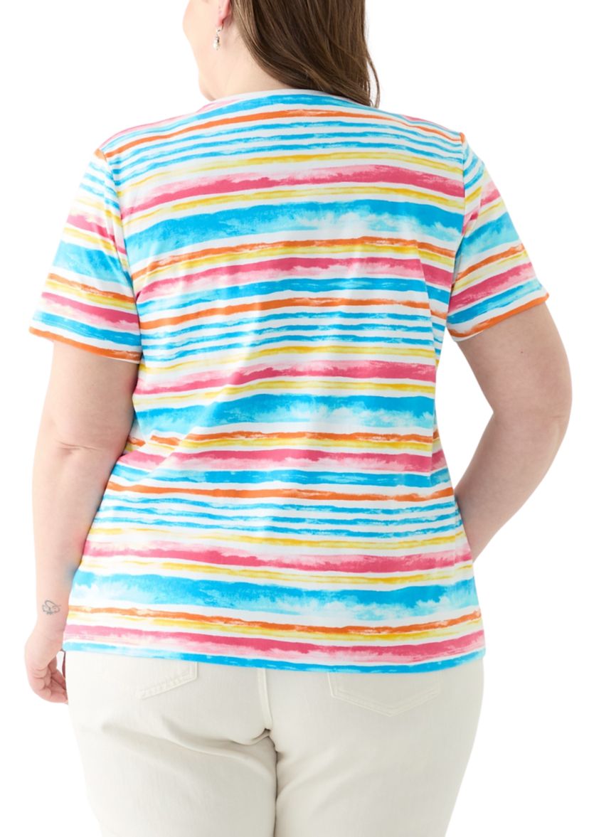 Plus Size Short Sleeve Crew Neck Stripe Print Top