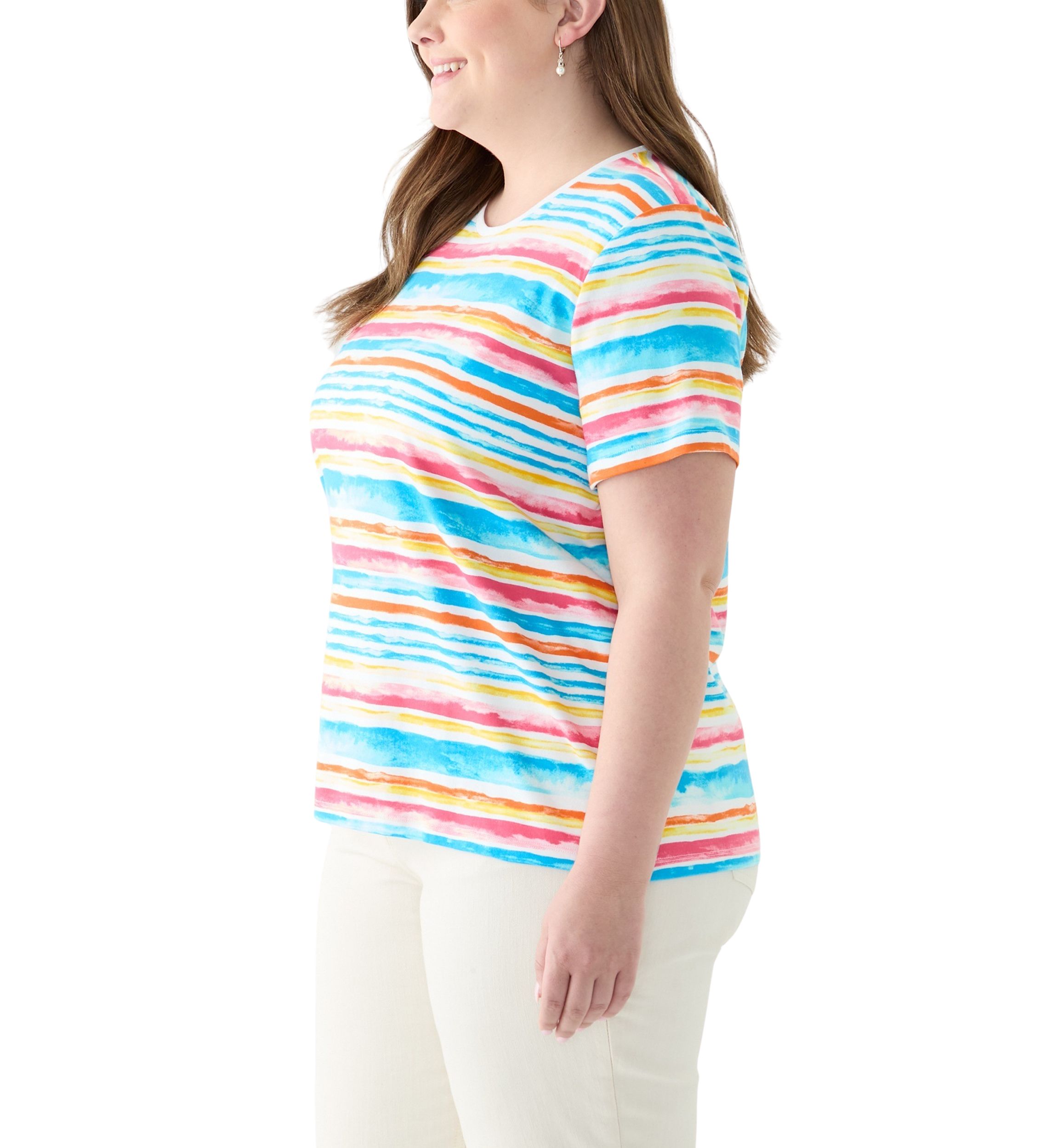 Plus Size Short Sleeve Crew Neck Stripe Print Top