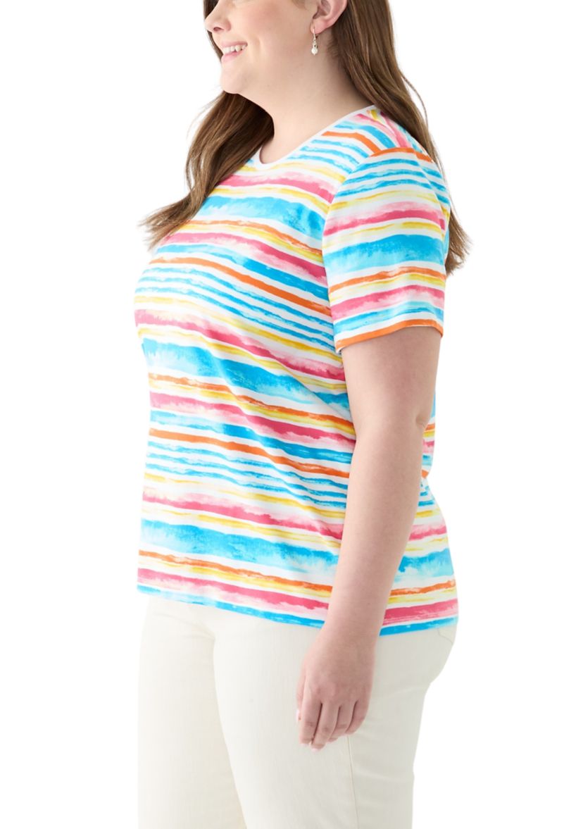 Plus Size Short Sleeve Crew Neck Stripe Print Top