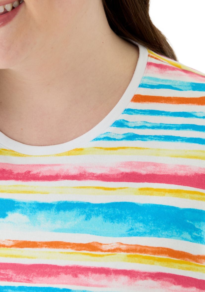 Plus Size Short Sleeve Crew Neck Stripe Print Top
